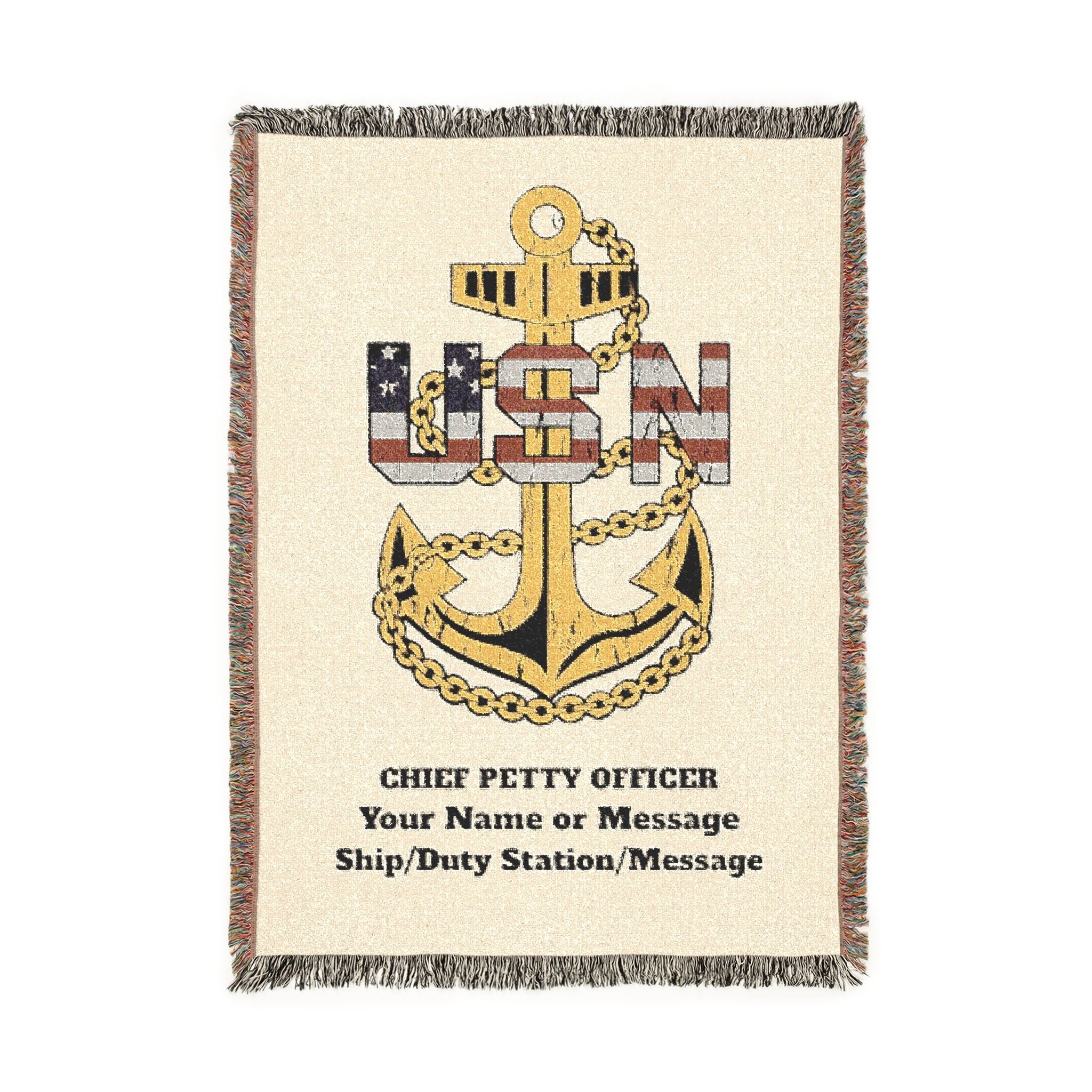 Custom U.S. Navy (USN) Anchor Woven Blanket – Personalized Navy Rank, Name & Ship Gift – Navy Veteran Blanket