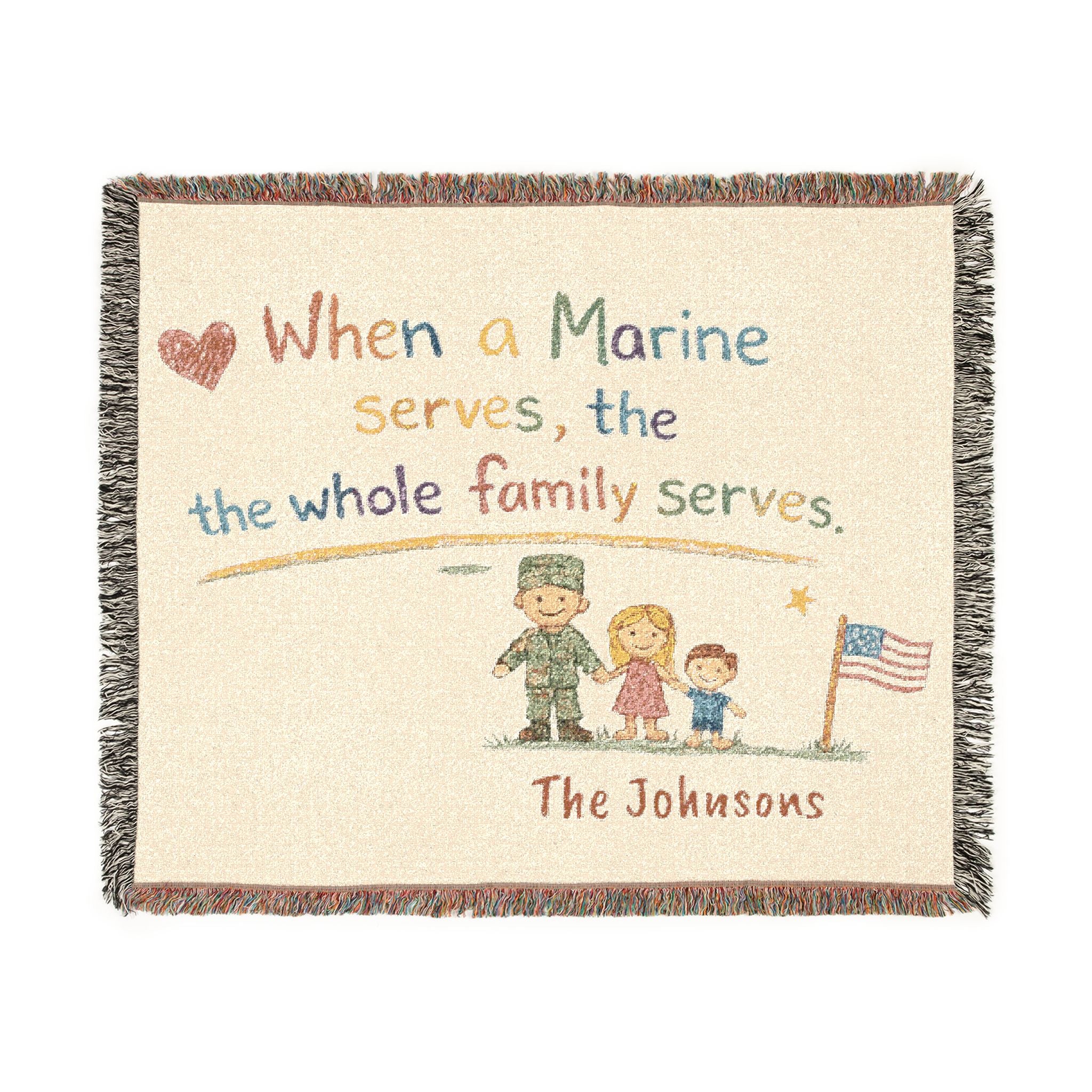 Marine Family Woven Blanket — “When a Marine Serves, the Whole Family Serves” Personalized Throw