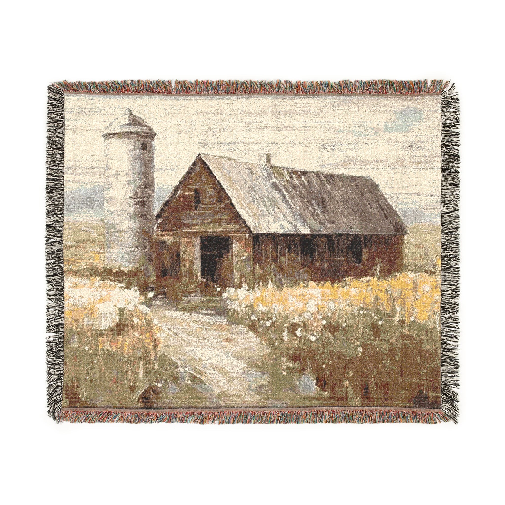 Rustic Barn Farmhouse Woven Blanket – Vintage Country Cotton Throw – Patriotic Farmhouse Decor