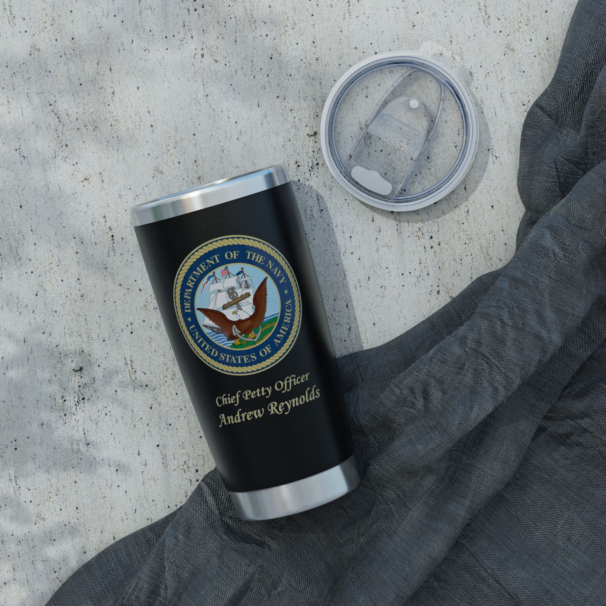 Custom U.S. Navy 20oz Tumbler – Personalized Military Drinkware with Rank, Name or Message (Black, Silver, White)