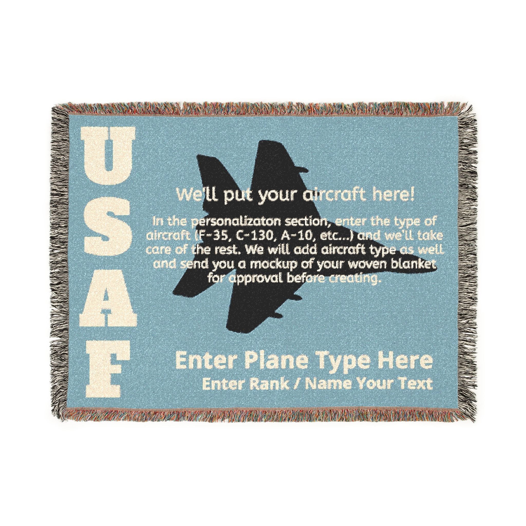 Custom U.S. Air Force Aircraft Woven Blanket – Personalized USAF Aviation Blanket – Military Gift for Airmen & Veterans