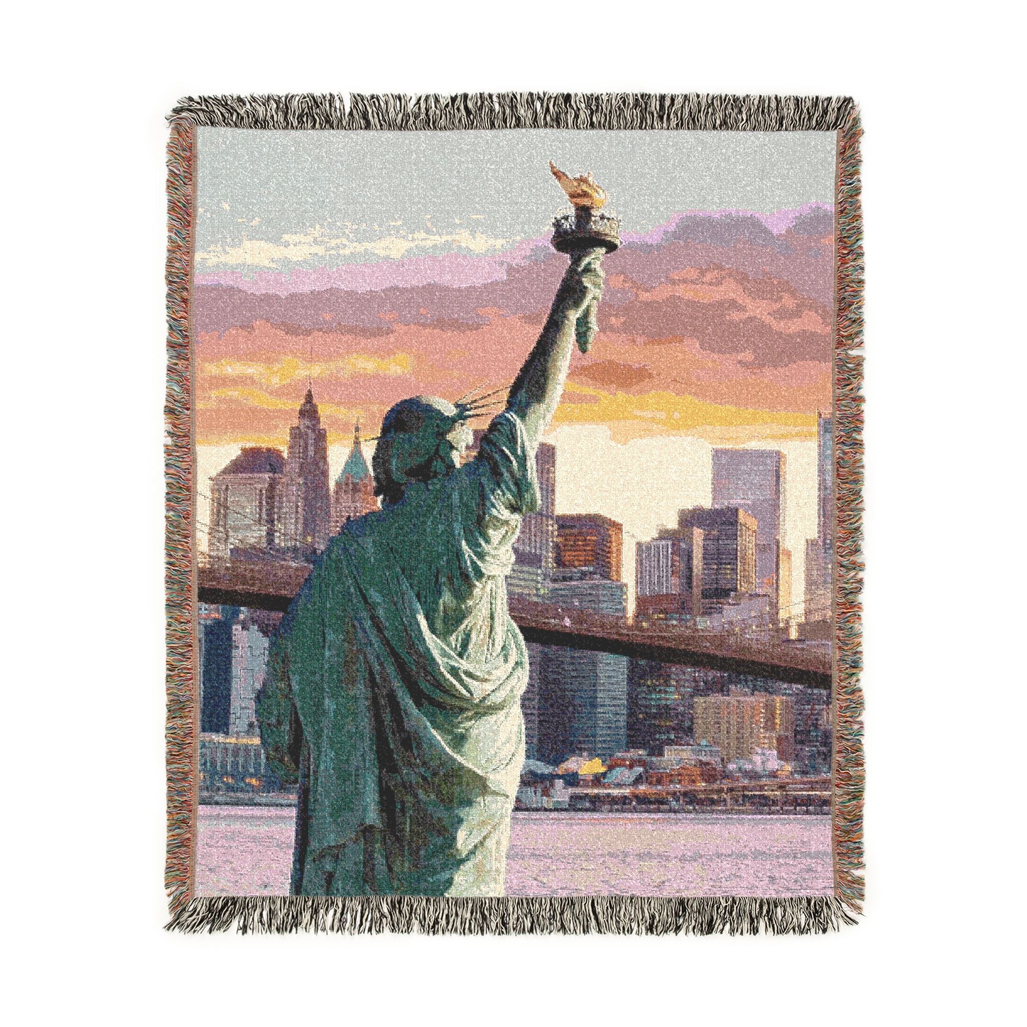 Statue of Liberty Woven Blanket – Patriotic NYC Skyline Cotton Throw (3 Sizes)