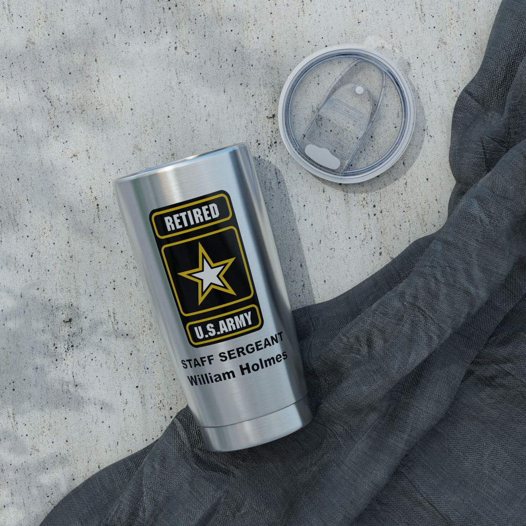 Custom U.S. Army Retired 20oz Tumbler – Personalized Military Retirement Travel Mug with Rank, Name or Message