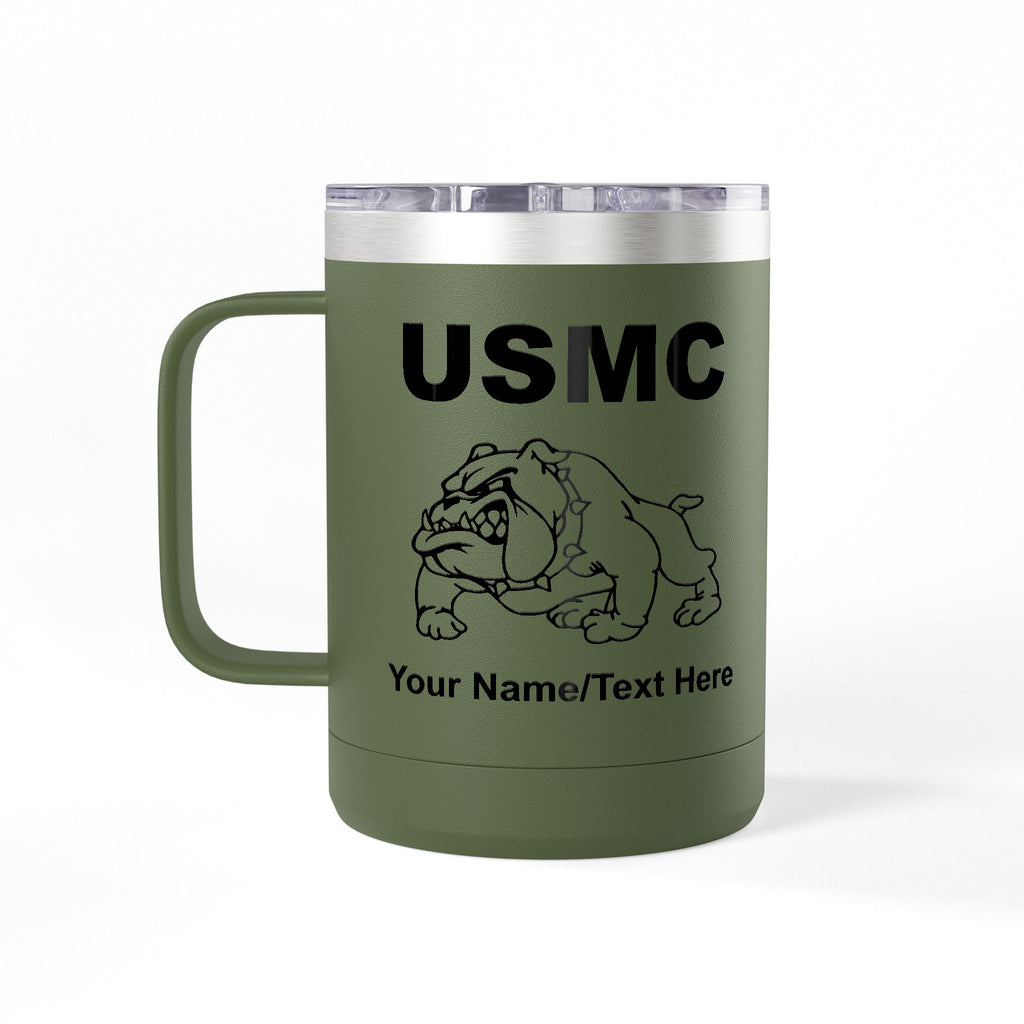 Personalized U.S. Marine Corps Bulldog 15oz Travel Mug Tumbler – Custom USMC Coffee Mug with Name, Rank or Message – Military Gift for Marines & Veterans