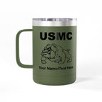Personalized U.S. Marine Corps Bulldog 15oz Travel Mug Tumbler – Custom USMC Coffee Mug with Name, Rank or Message – Military Gift for Marines & Veterans