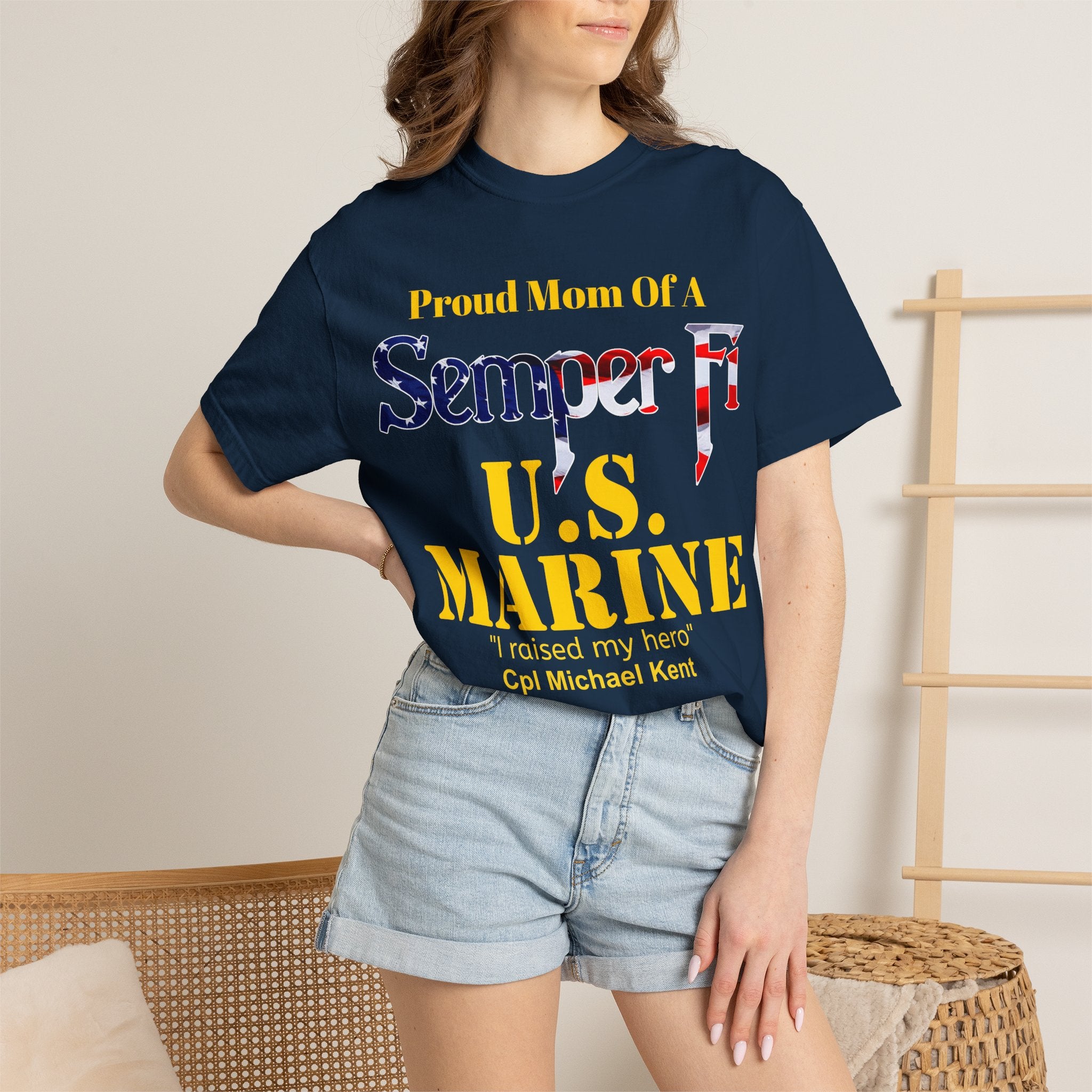 Custom Marine Mom Gold Shirt – Personalized Semper Fi USMC T-Shirt | Proud Military Mom Gift | Comfort Colors 1717