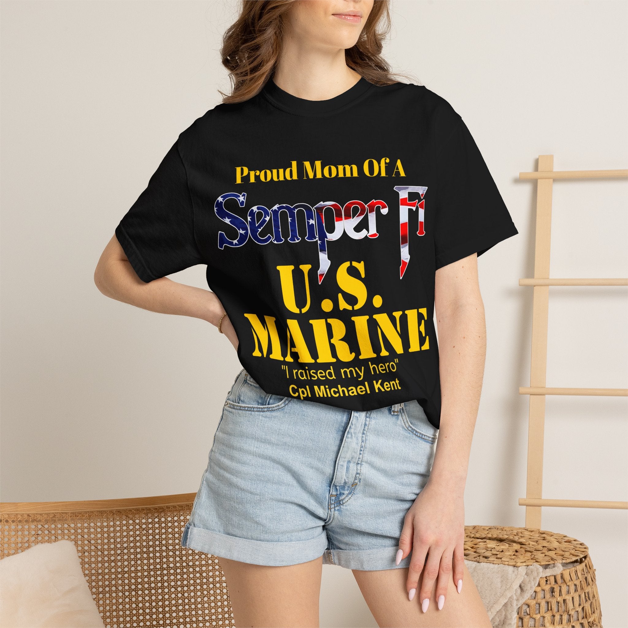 Custom Marine Mom Gold Shirt – Personalized Semper Fi USMC T-Shirt | Proud Military Mom Gift | Comfort Colors 1717