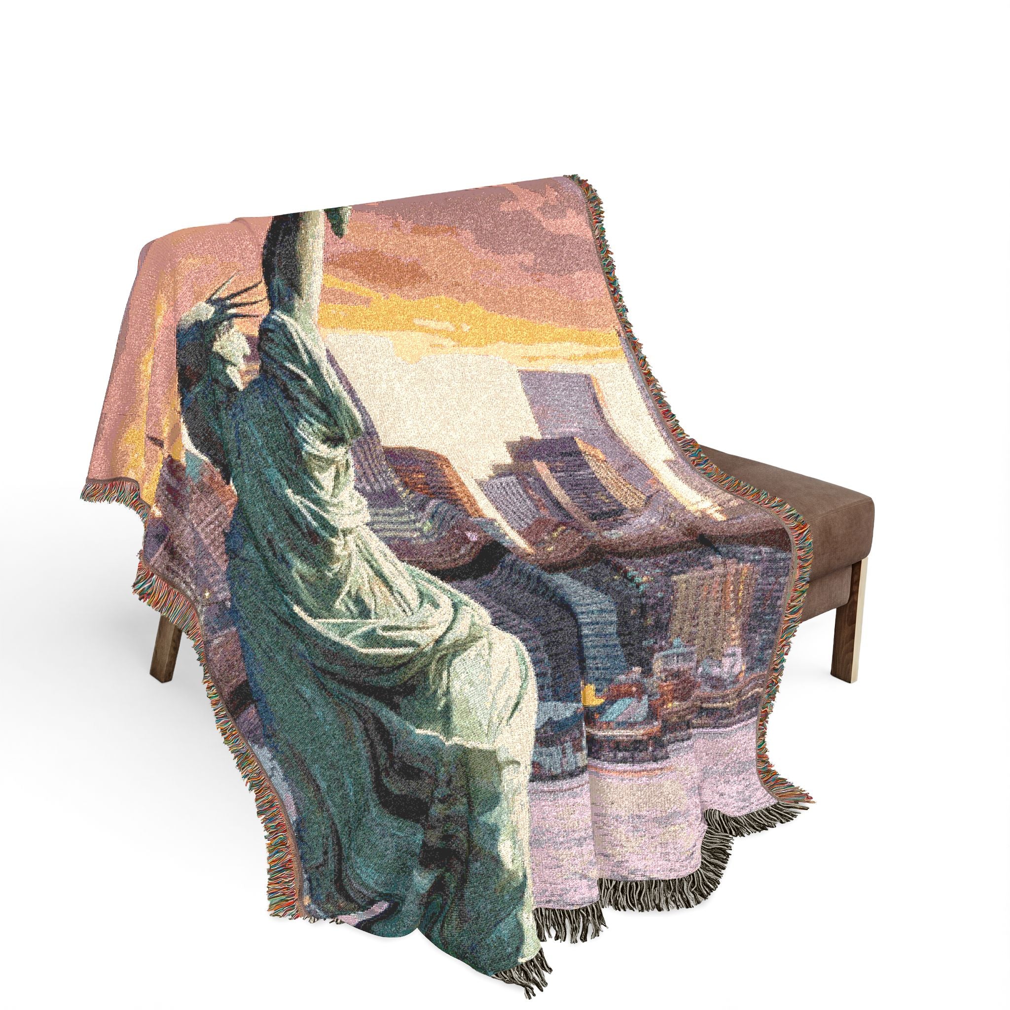 Statue of Liberty Woven Blanket – Patriotic NYC Skyline Cotton Throw (3 Sizes)