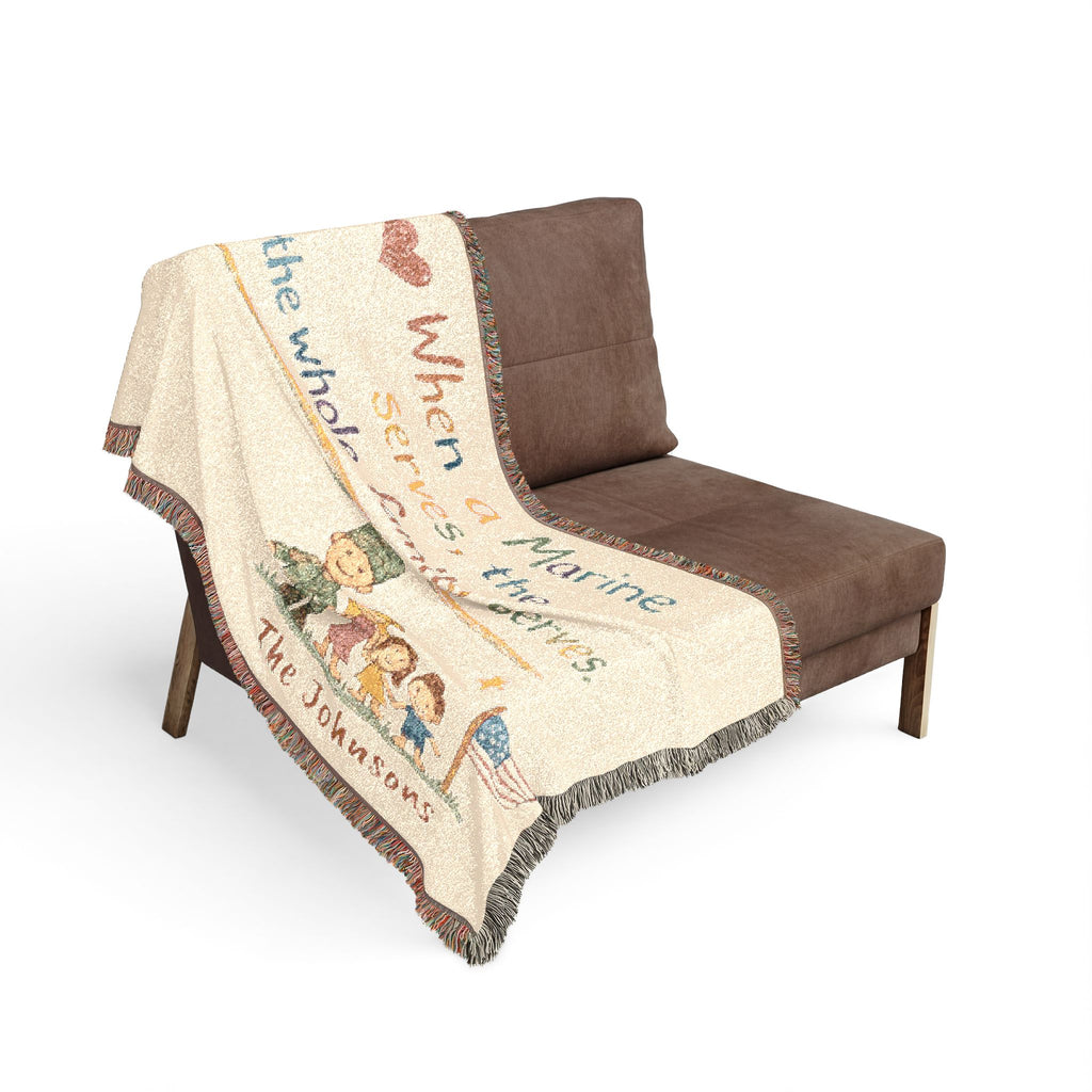 Marine Family Woven Blanket — “When a Marine Serves, the Whole Family Serves” Personalized Throw