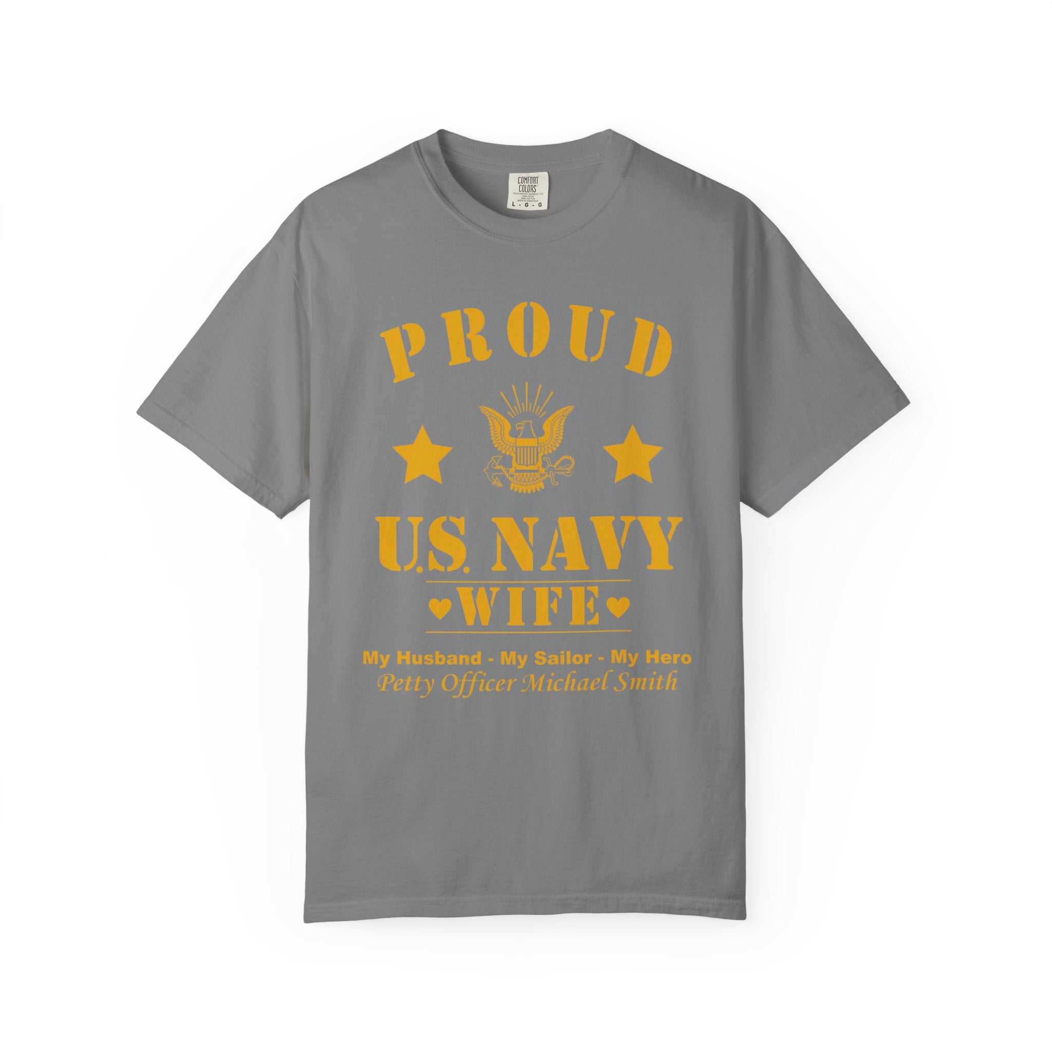 Custom Proud Navy Wife Comfort Colors T-Shirt – Personalized U.S. Navy Spouse Shirt with Name, Rank & Ship