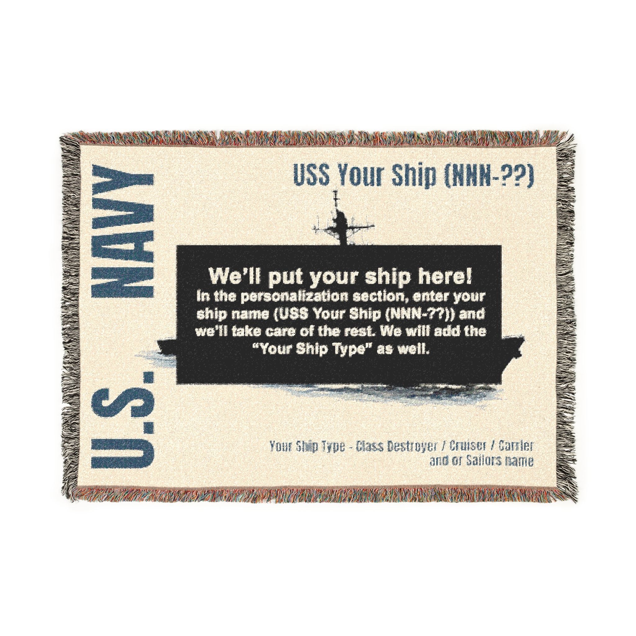 Personalized U.S. Navy Ship Woven Blanket – Custom USS Ship Blanket – Navy Veteran, Sailor & Military Gift