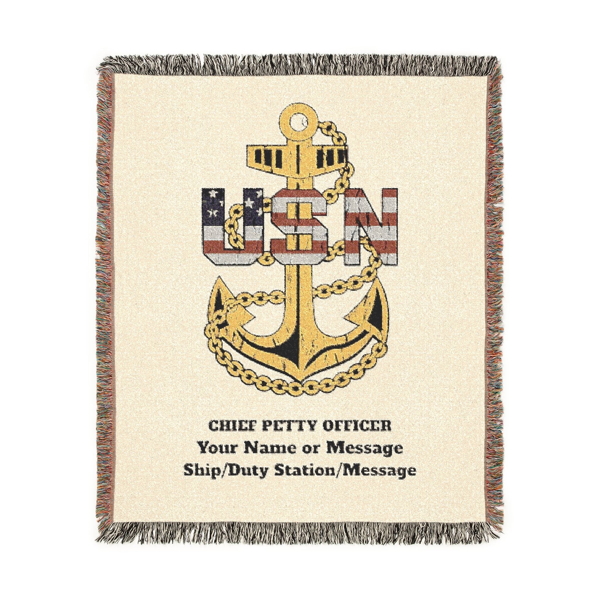 Custom U.S. Navy (USN) Anchor Woven Blanket – Personalized Navy Rank, Name & Ship Gift – Navy Veteran Blanket