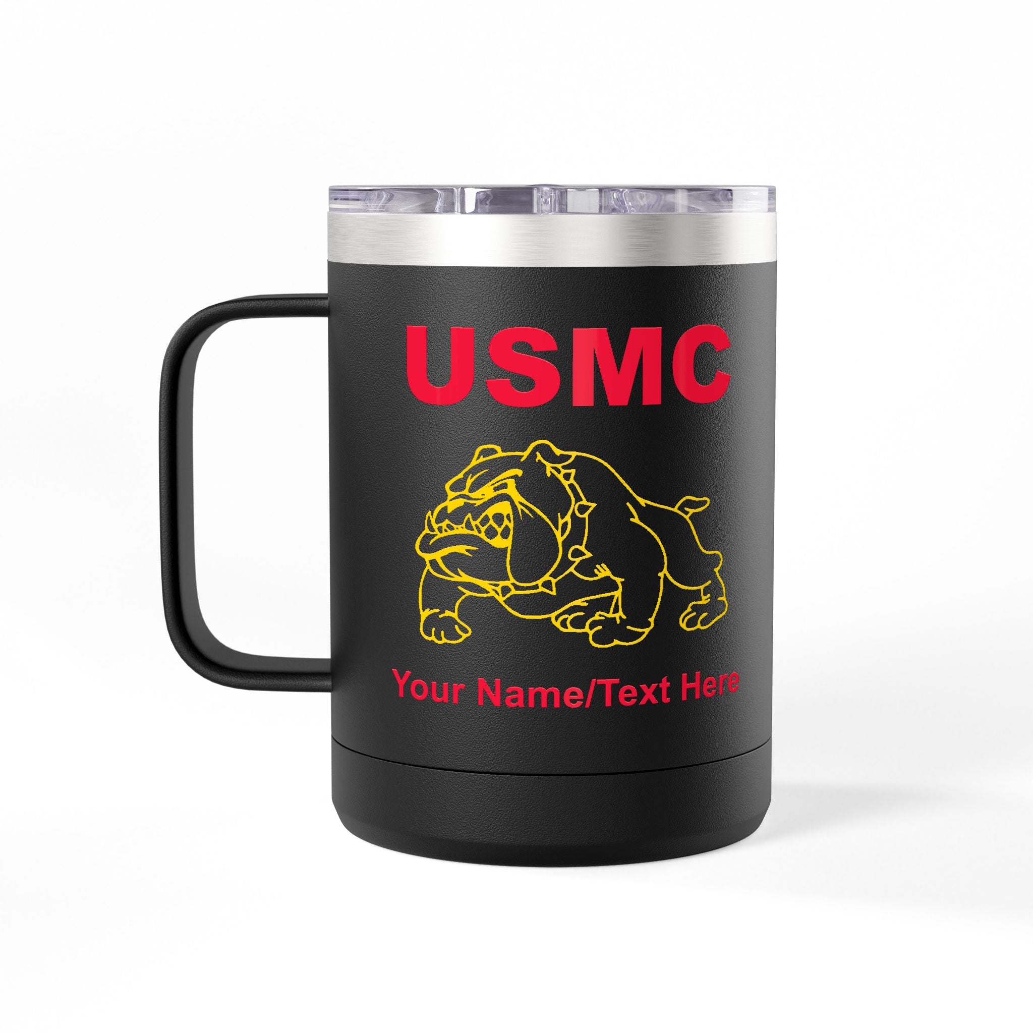 Personalized U.S. Marine Corps Bulldog 15oz Travel Mug Tumbler – Custom USMC Coffee Mug with Name, Rank or Message – Military Gift for Marines & Veterans