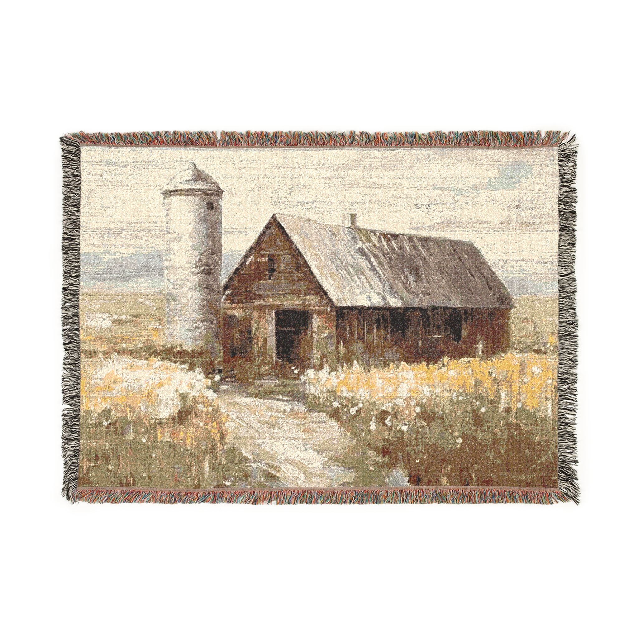Rustic Barn Farmhouse Woven Blanket – Vintage Country Cotton Throw – Patriotic Farmhouse Decor