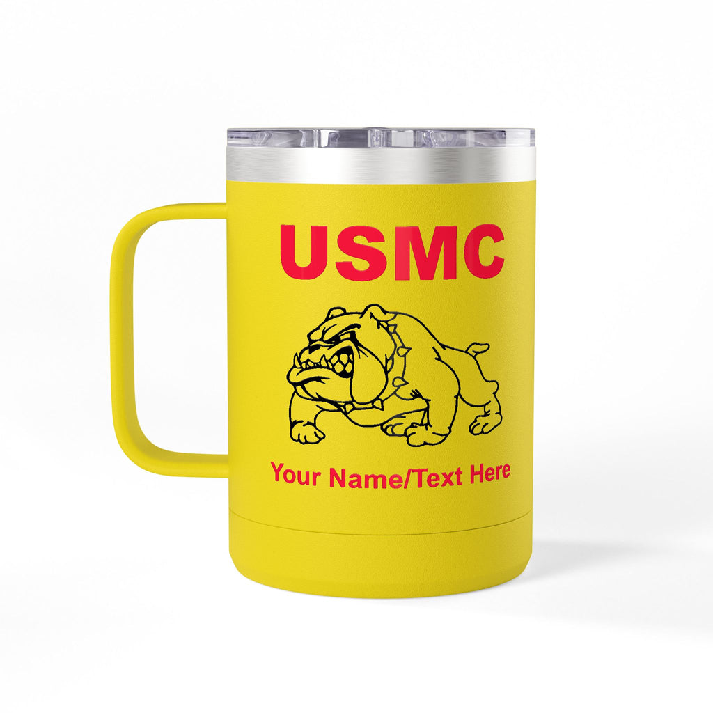 Personalized U.S. Marine Corps Bulldog 15oz Travel Mug Tumbler – Custom USMC Coffee Mug with Name, Rank or Message – Military Gift for Marines & Veterans