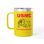 Personalized U.S. Marine Corps Bulldog 15oz Travel Mug Tumbler – Custom USMC Coffee Mug with Name, Rank or Message – Military Gift for Marines & Veterans