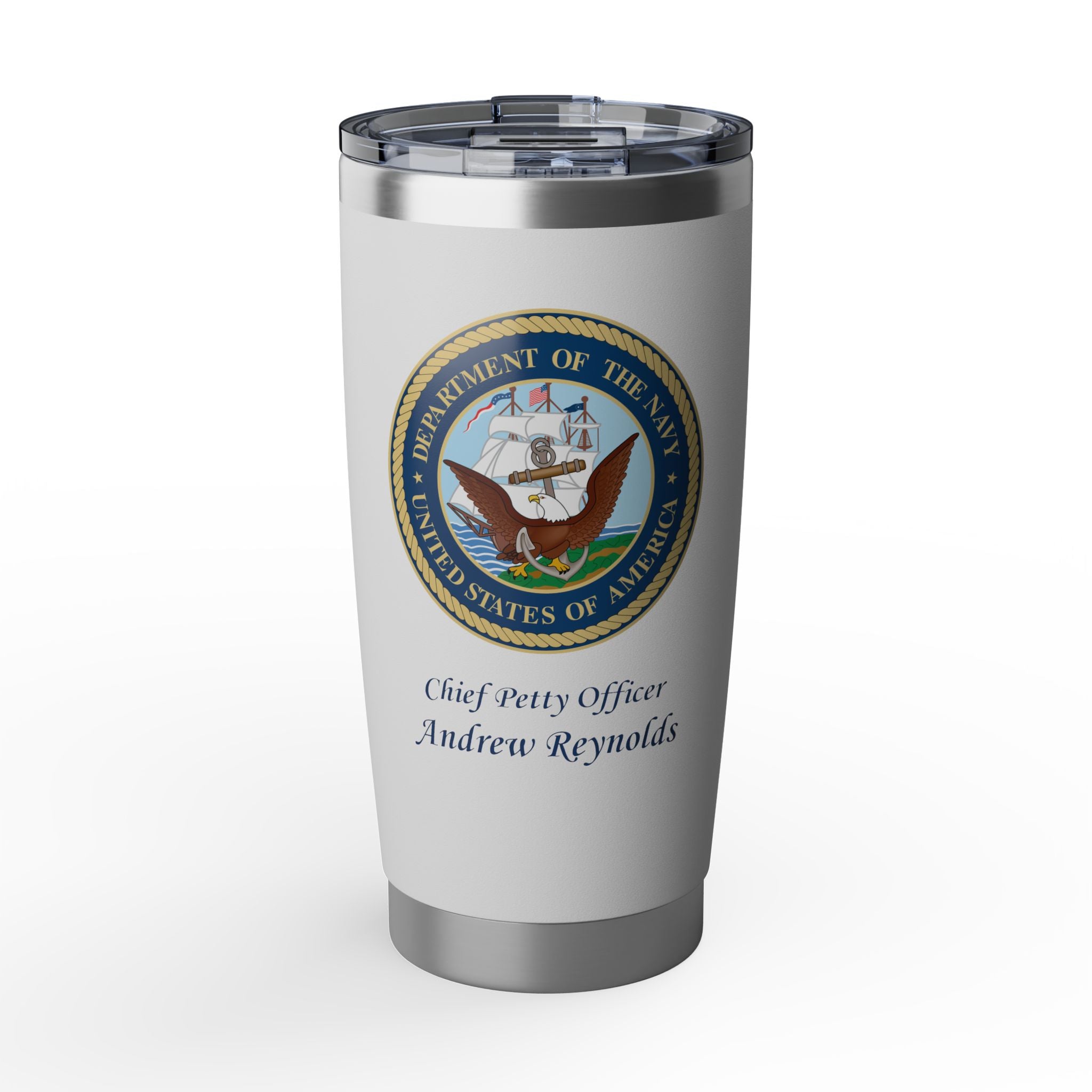 Custom U.S. Navy 20oz Tumbler – Personalized Military Drinkware with Rank, Name or Message (Black, Silver, White)