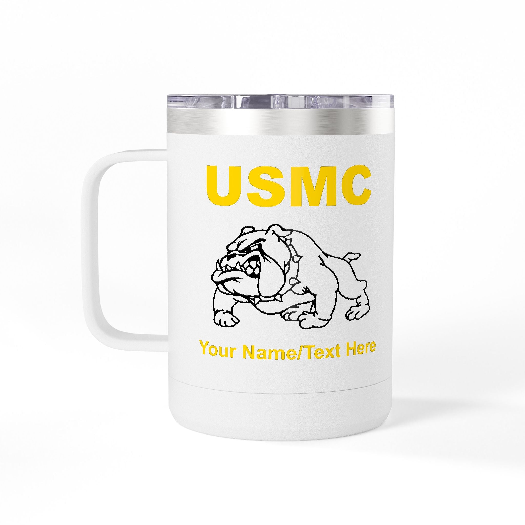Personalized U.S. Marine Corps Bulldog 15oz Travel Mug Tumbler – Custom USMC Coffee Mug with Name, Rank or Message – Military Gift for Marines & Veterans