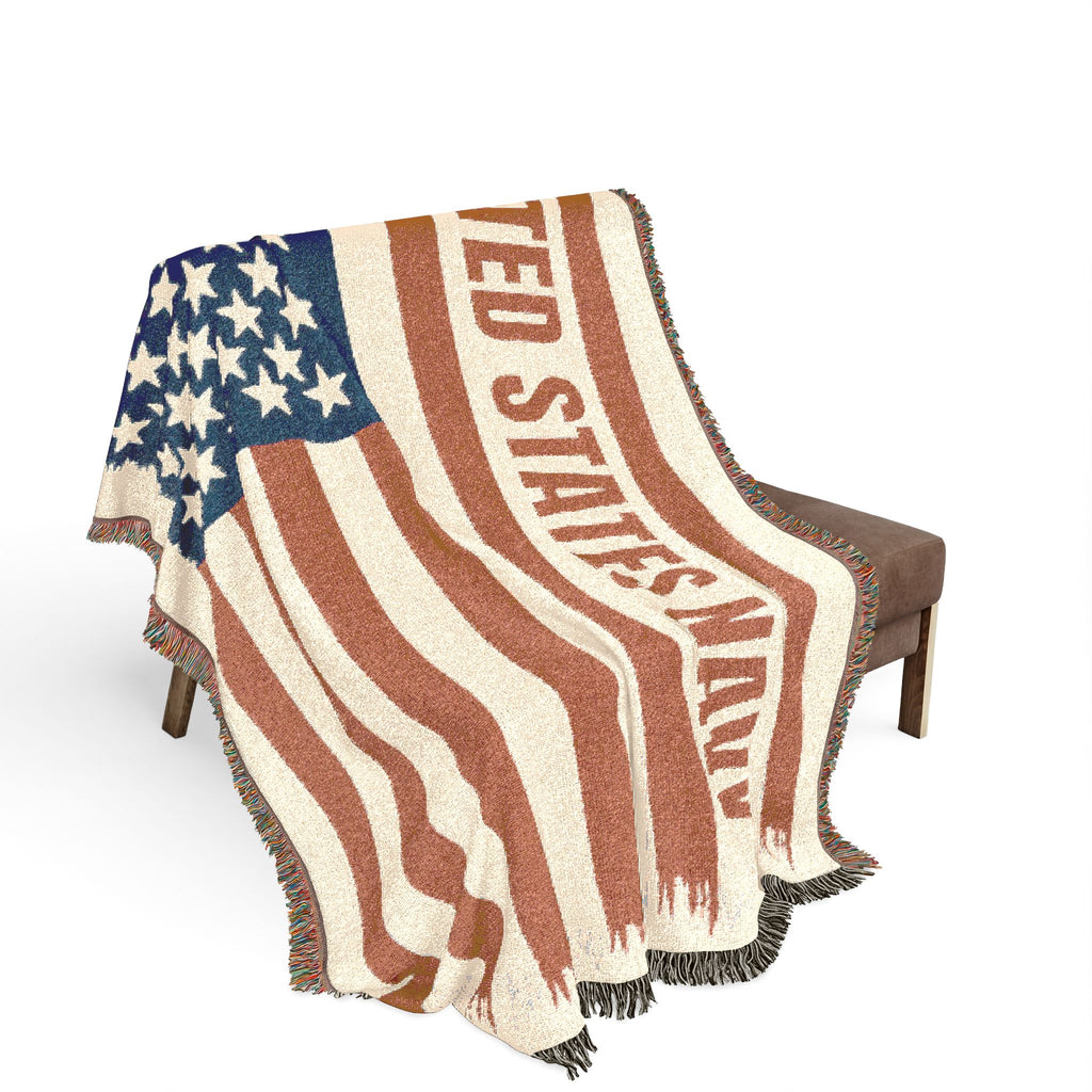 Custom U.S. Navy American Flag Woven Blanket – Personalized USN Military Throw – Navy Veteran & Sailor Gift