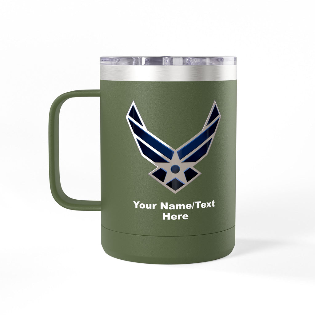 Custom U.S. Air Force Logo 15oz Travel Mug – Personalized Military Coffee Tumbler with Name & Rank