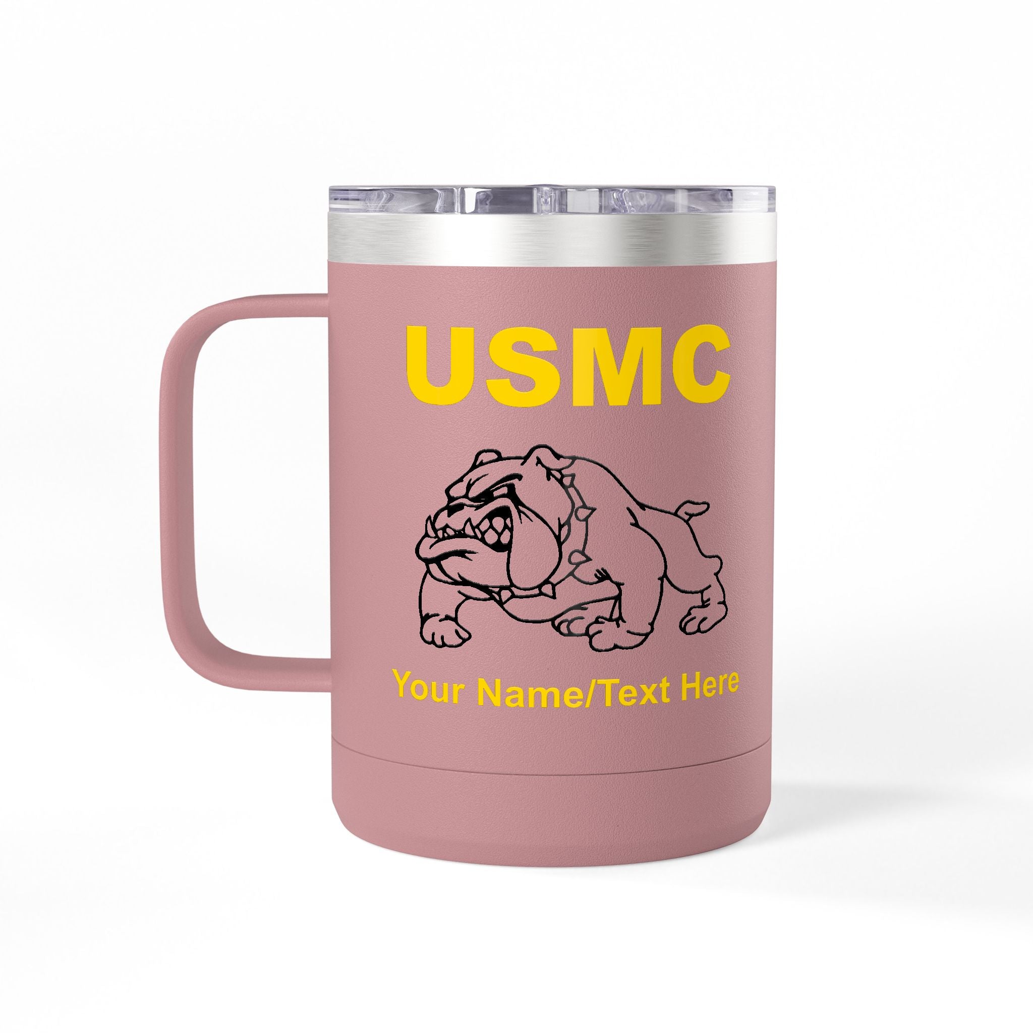 Personalized U.S. Marine Corps Bulldog 15oz Travel Mug Tumbler – Custom USMC Coffee Mug with Name, Rank or Message – Military Gift for Marines & Veterans