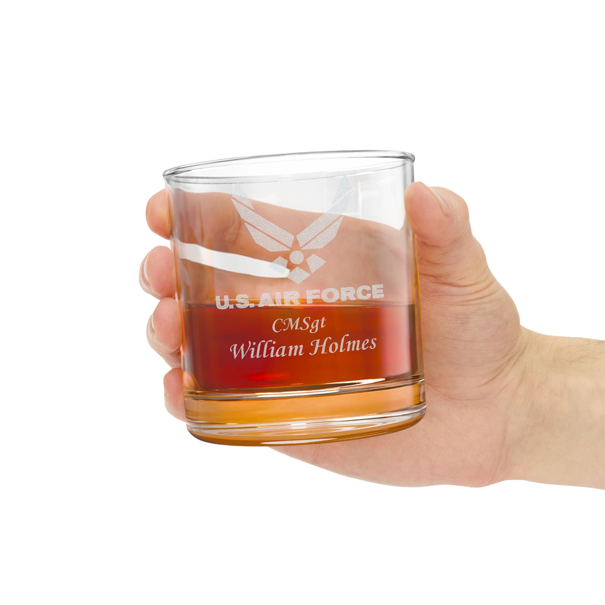 Custom Engraved U.S. Air Force Rocks Glass – Personalized 10.5oz Whiskey Glass with Rank & Name
