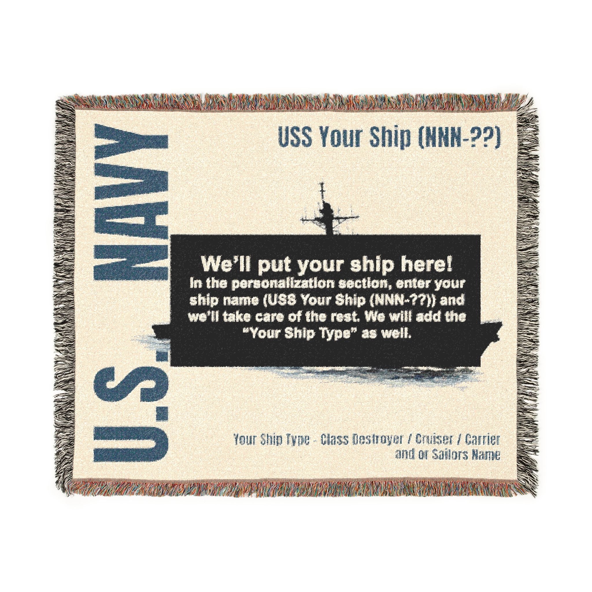 Personalized U.S. Navy Ship Woven Blanket – Custom USS Ship Blanket – Navy Veteran, Sailor & Military Gift