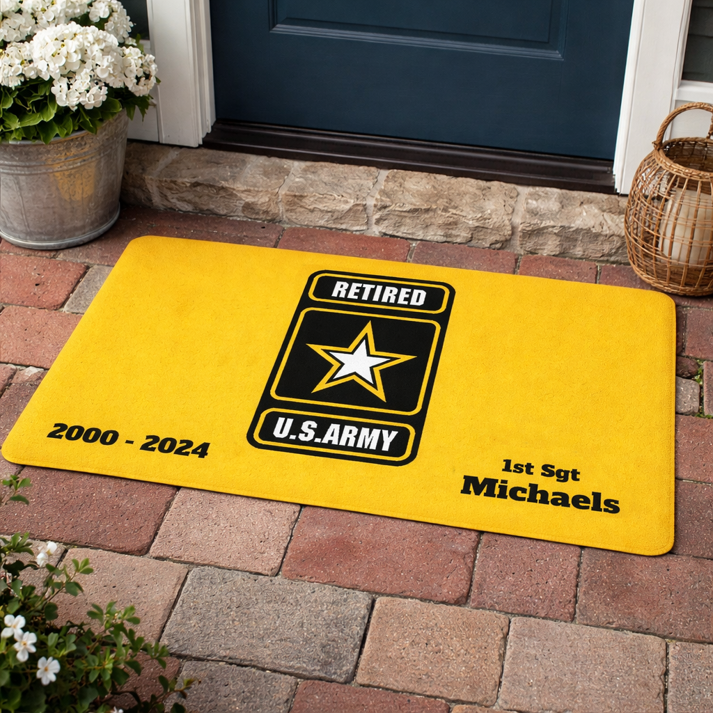Personalized U.S. Army Retired Doormat – Custom Veteran Welcome Mat with Rank, Name & Service Dates – 14 Colors