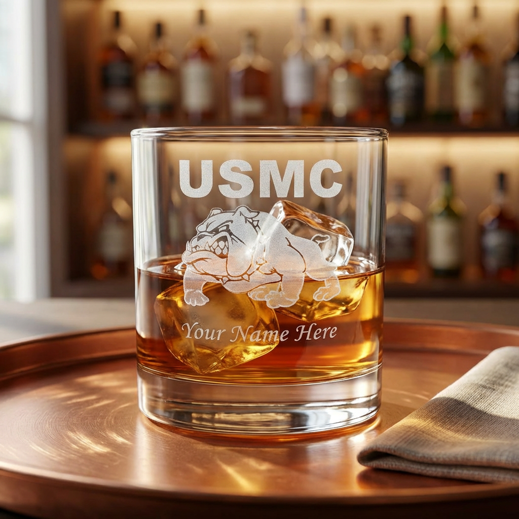 Custom Engraved USMC Bulldog Whiskey Glass – Personalized Marine Corps 10.5oz Rocks Glass Gift