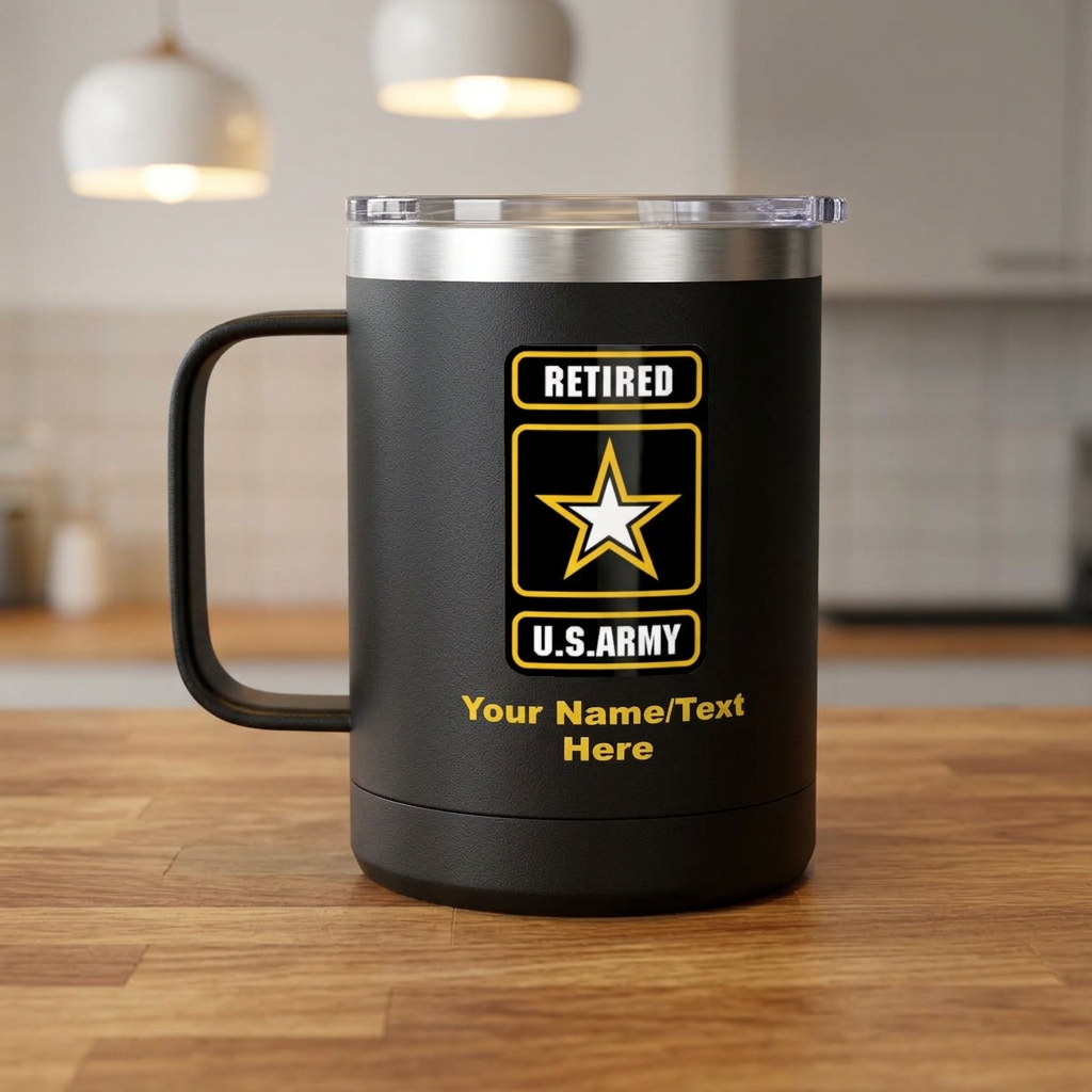 Retired Army Logo Personalized  Insulated 15oz Travel Mug Tumbler