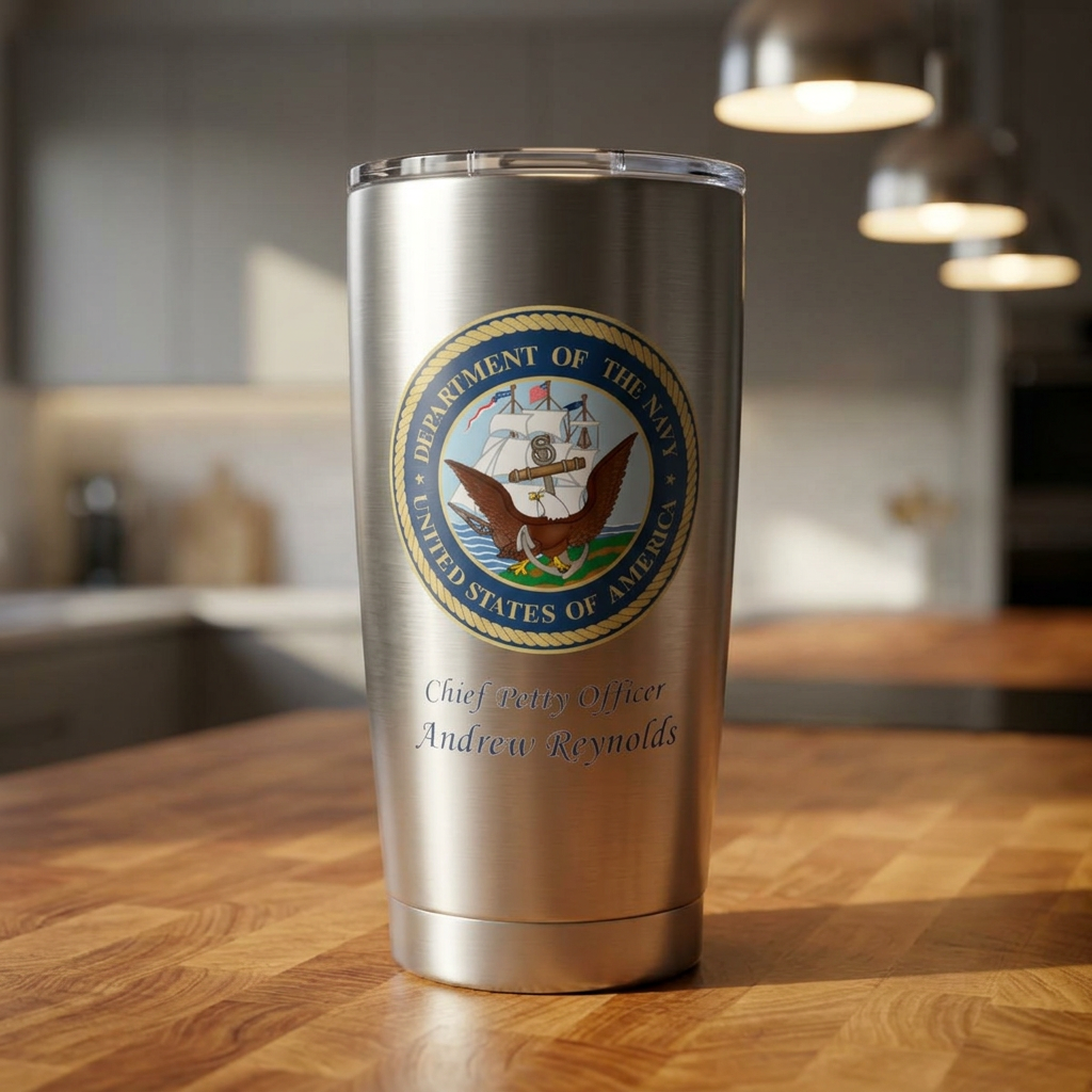 Custom U.S. Navy 20oz Tumbler – Personalized Military Drinkware with Rank, Name or Message (Black, Silver, White)