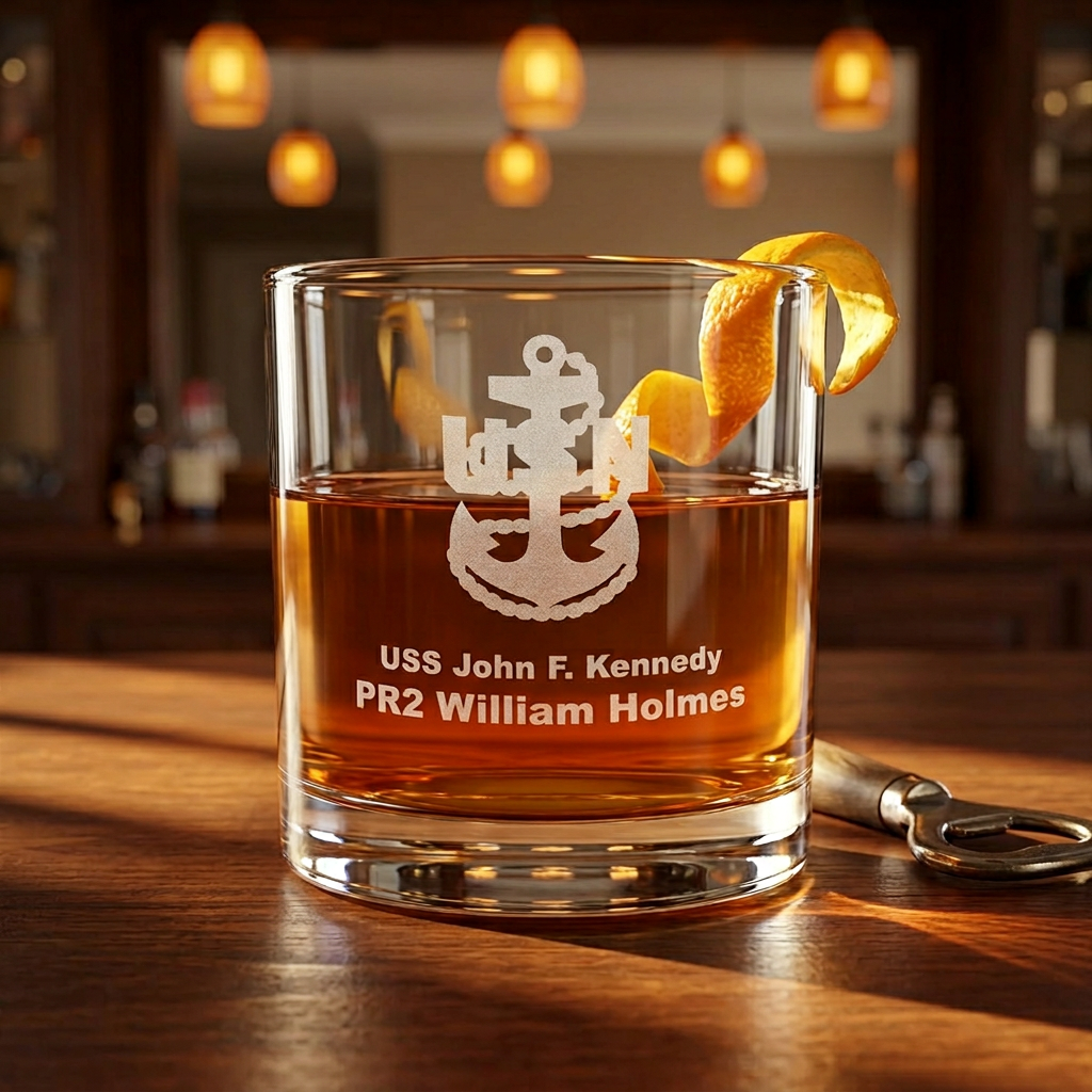 Custom Engraved U.S. Navy Rocks Glass – Personalized 10.5oz Whiskey Glass Gift for Sailors & Veterans