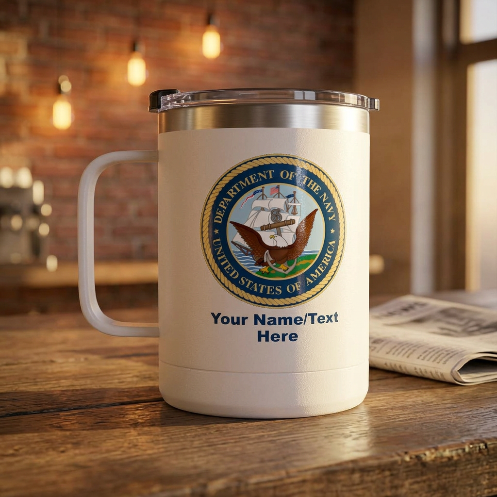 Custom U.S. Navy 15oz Travel Mug – Personalized Military Insulated Coffee Tumbler with Name, Rank or Ship