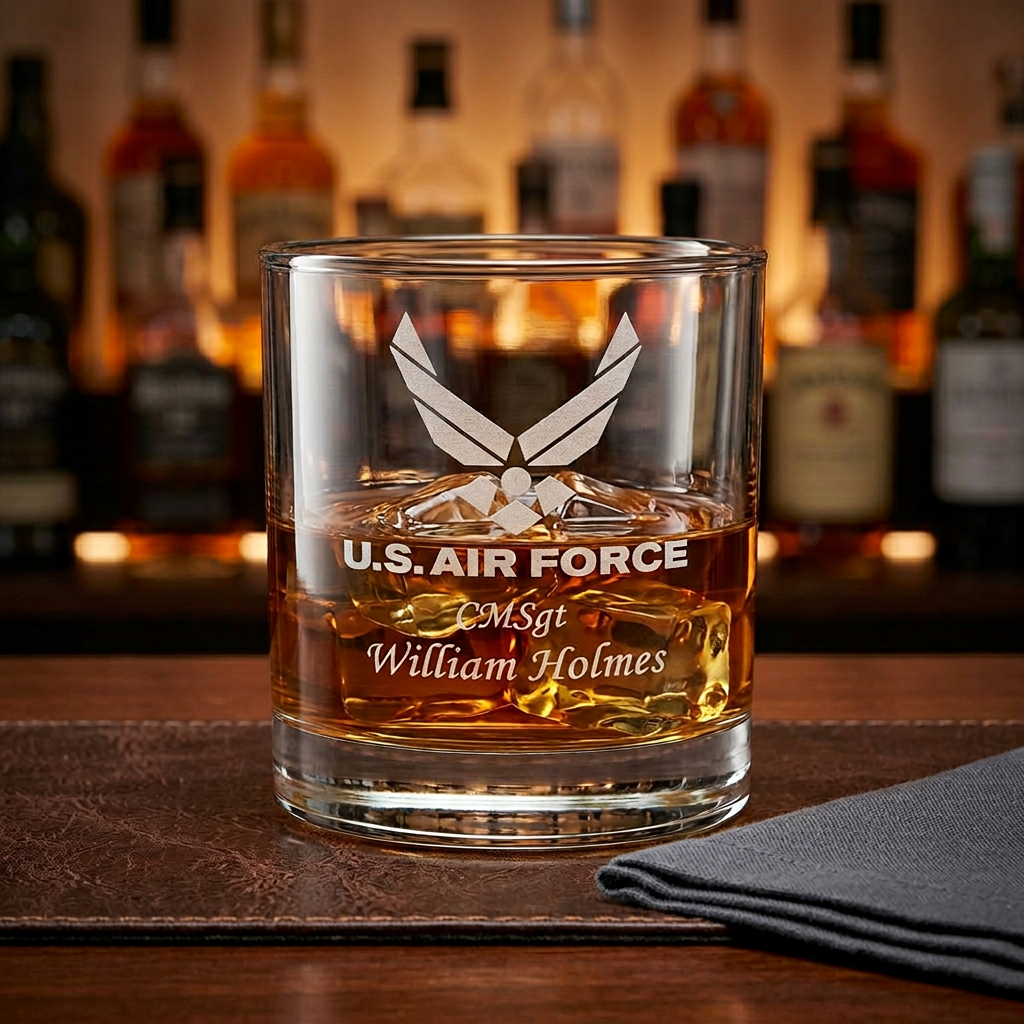 Custom Engraved U.S. Air Force Rocks Glass – Personalized 10.5oz Whiskey Glass with Rank & Name