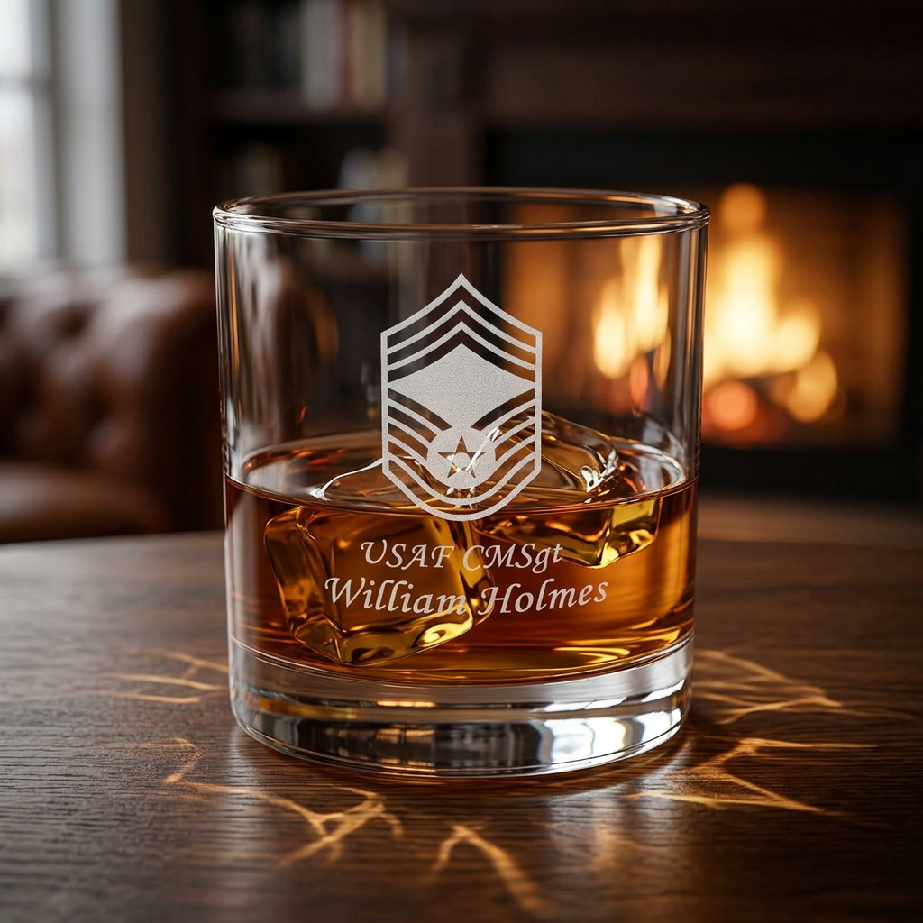 Custom U.S. Air Force Rank Engraved Rocks Glass – Personalized 10.5oz Whiskey Glass with Any USAF Rank