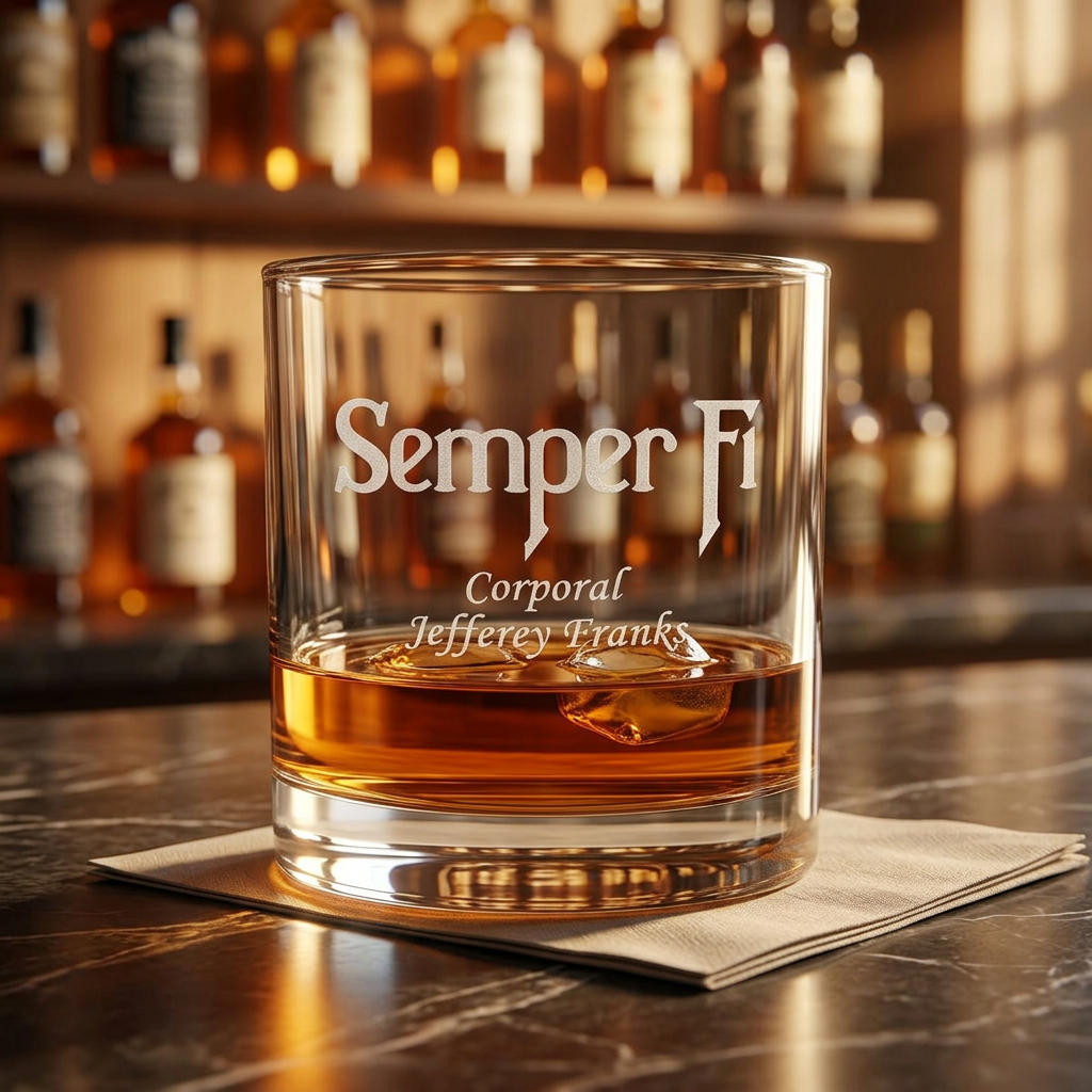 Custom Engraved USMC Semper Fi Whiskey Glass – Personalized Marine Corps 10.5oz Rocks Glass Gift