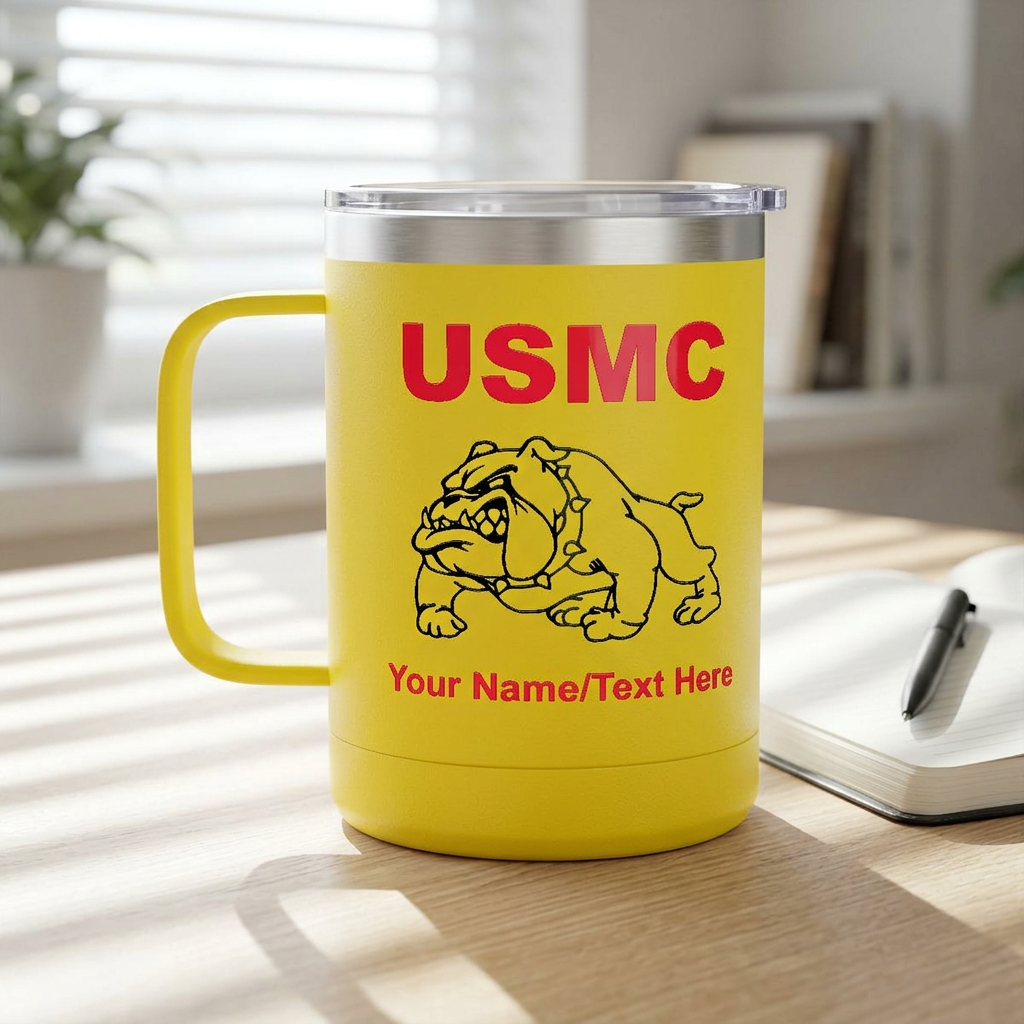 Personalized U.S. Marine Corps Bulldog 15oz Travel Mug Tumbler – Custom USMC Coffee Mug with Name, Rank or Message – Military Gift for Marines & Veterans