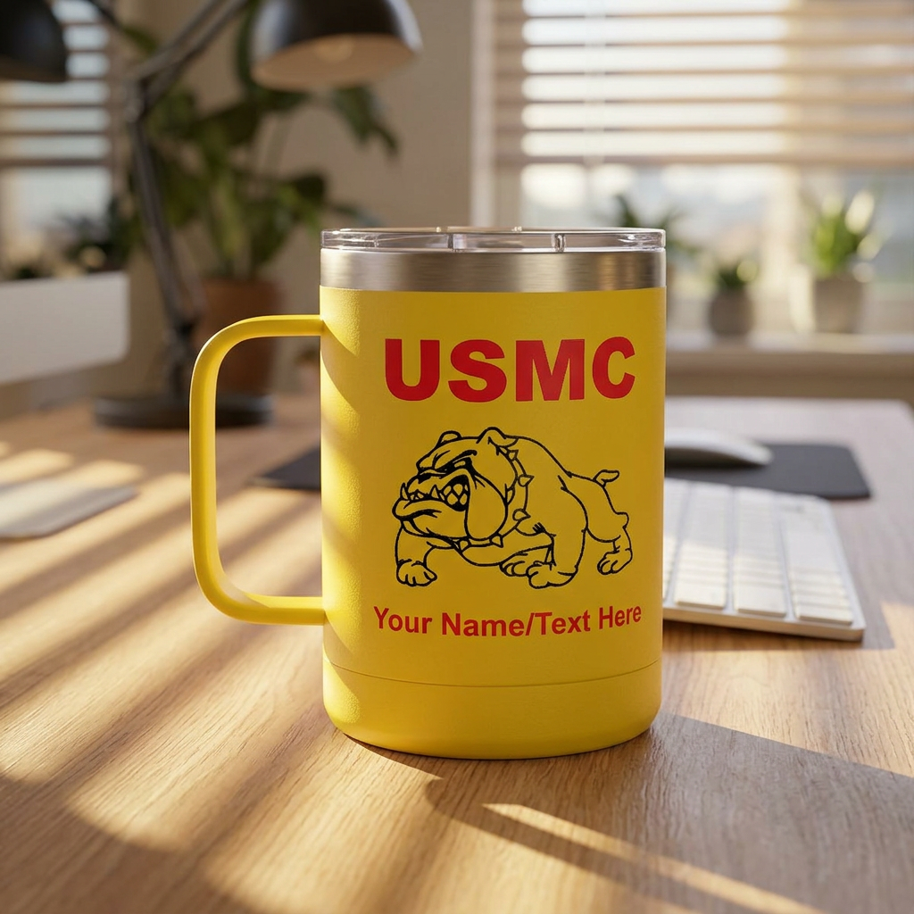 Personalized U.S. Marine Corps Bulldog 15oz Travel Mug Tumbler – Custom USMC Coffee Mug with Name, Rank or Message – Military Gift for Marines & Veterans