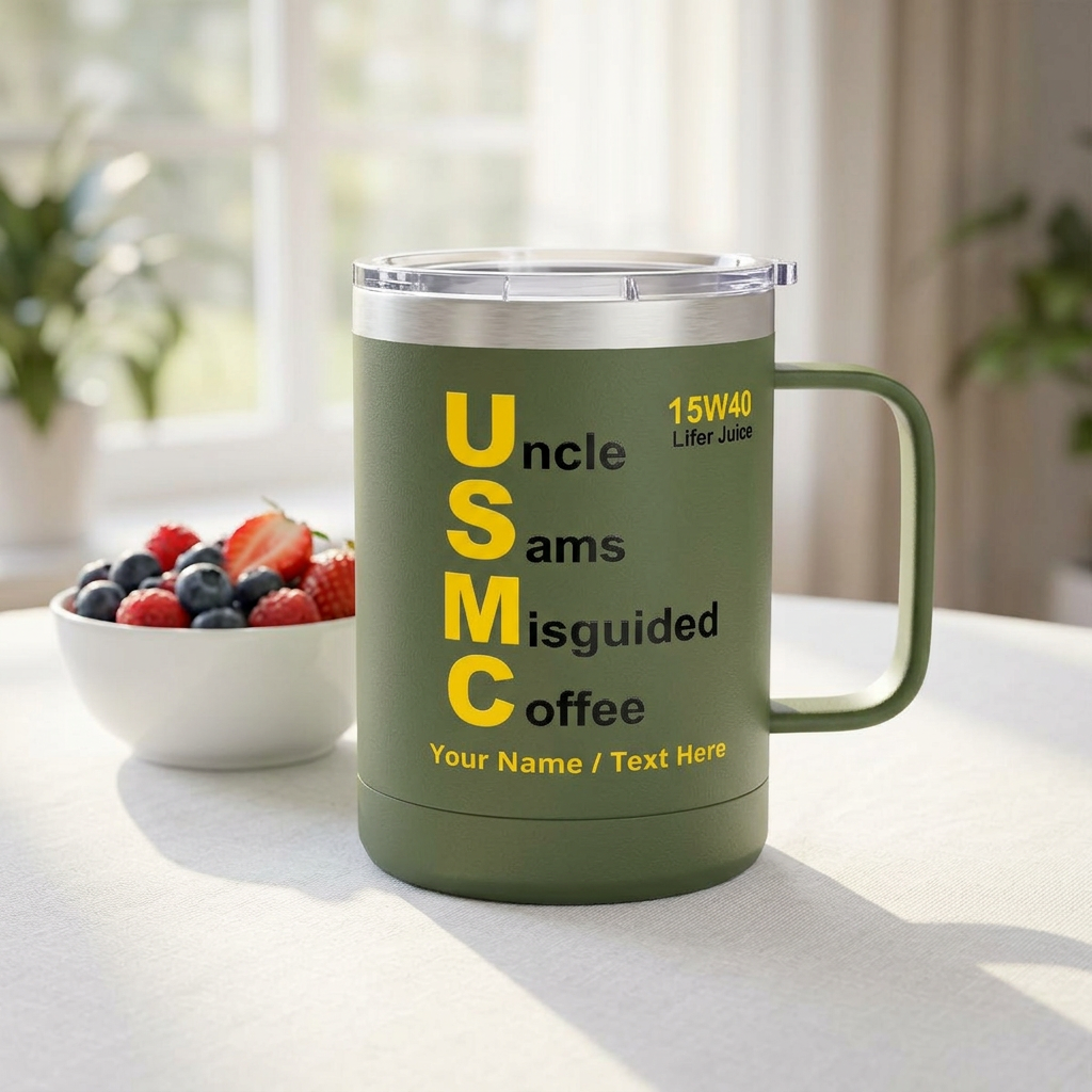 Custom USMC 15W40 Coffee Mug – Personalized “Uncle Sam’s Misguided Coffee” Marine Corps 15oz Travel Tumbler