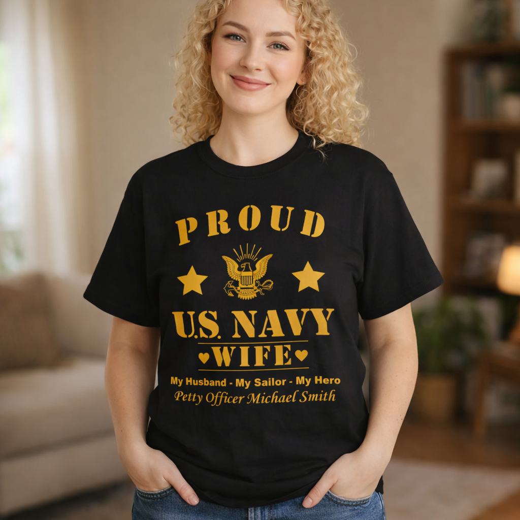 Custom Proud Navy Wife Comfort Colors T-Shirt – Personalized U.S. Navy Spouse Shirt with Name, Rank & Ship