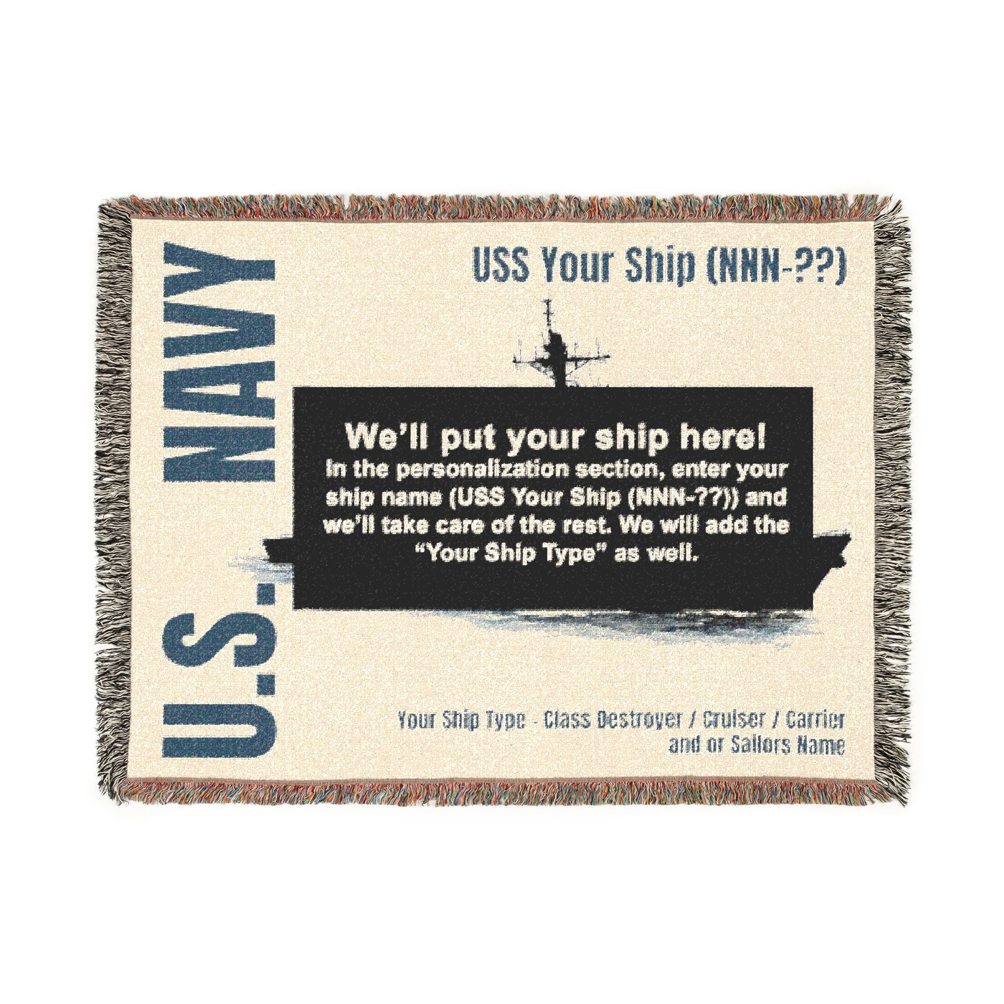 Personalized U.S. Navy Ship Woven Blanket – Custom USS Ship Blanket – Navy Veteran, Sailor & Military Gift