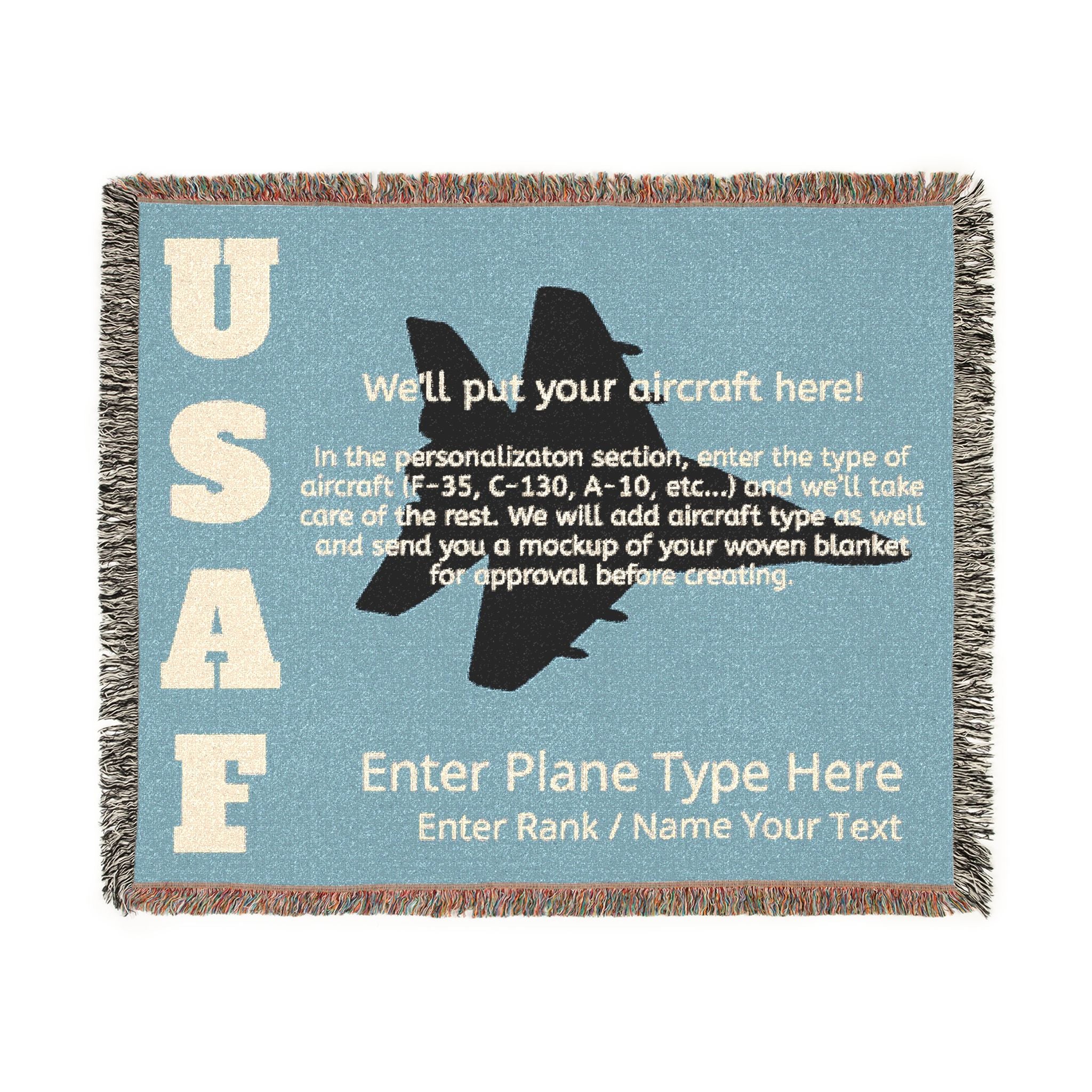 Custom U.S. Air Force Aircraft Woven Blanket – Personalized USAF Aviation Blanket – Military Gift for Airmen & Veterans