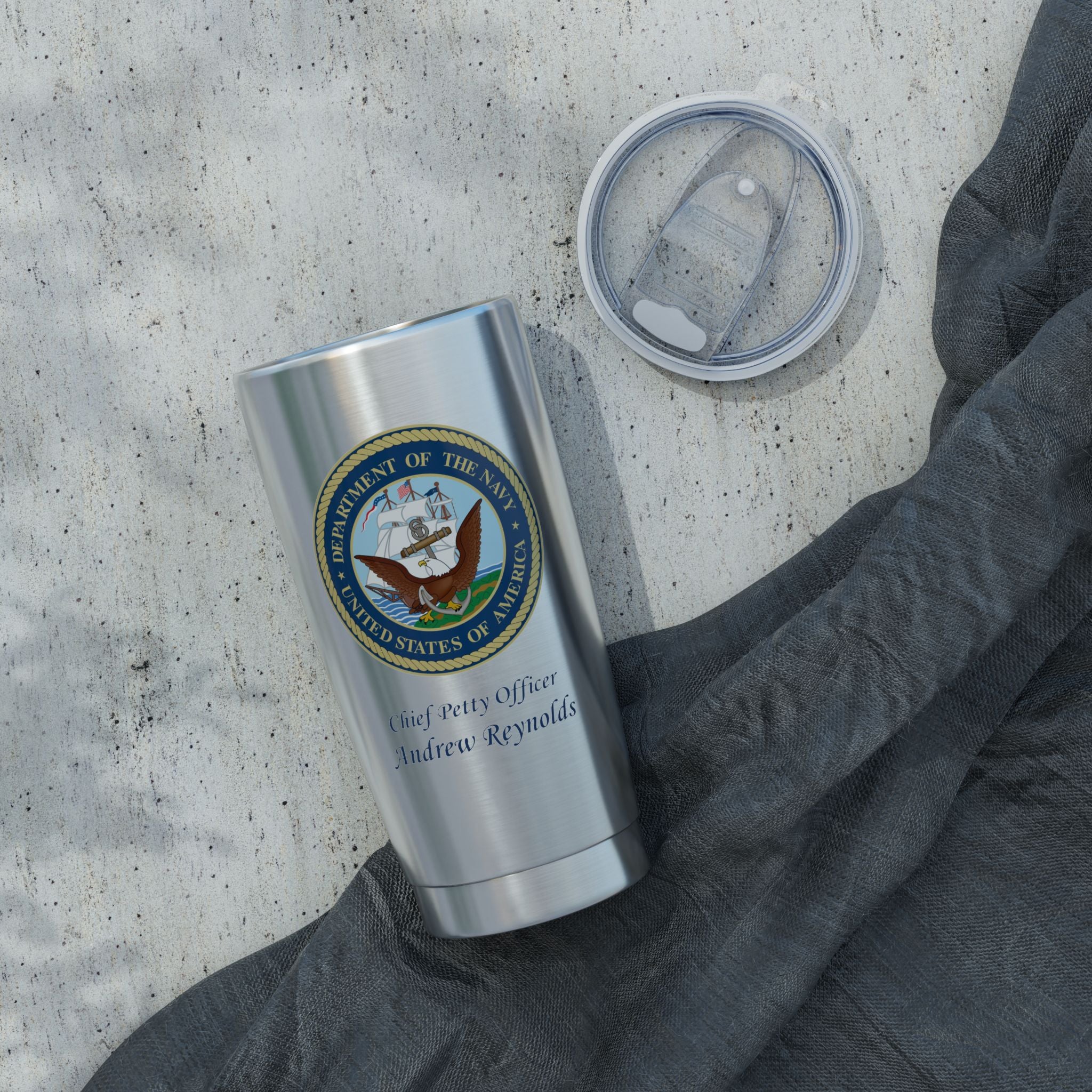 Custom U.S. Navy 20oz Tumbler – Personalized Military Drinkware with Rank, Name or Message (Black, Silver, White)