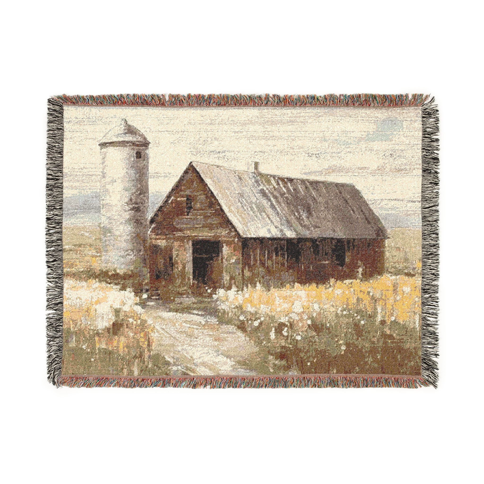 Rustic Barn Farmhouse Woven Blanket – Vintage Country Cotton Throw – Patriotic Farmhouse Decor