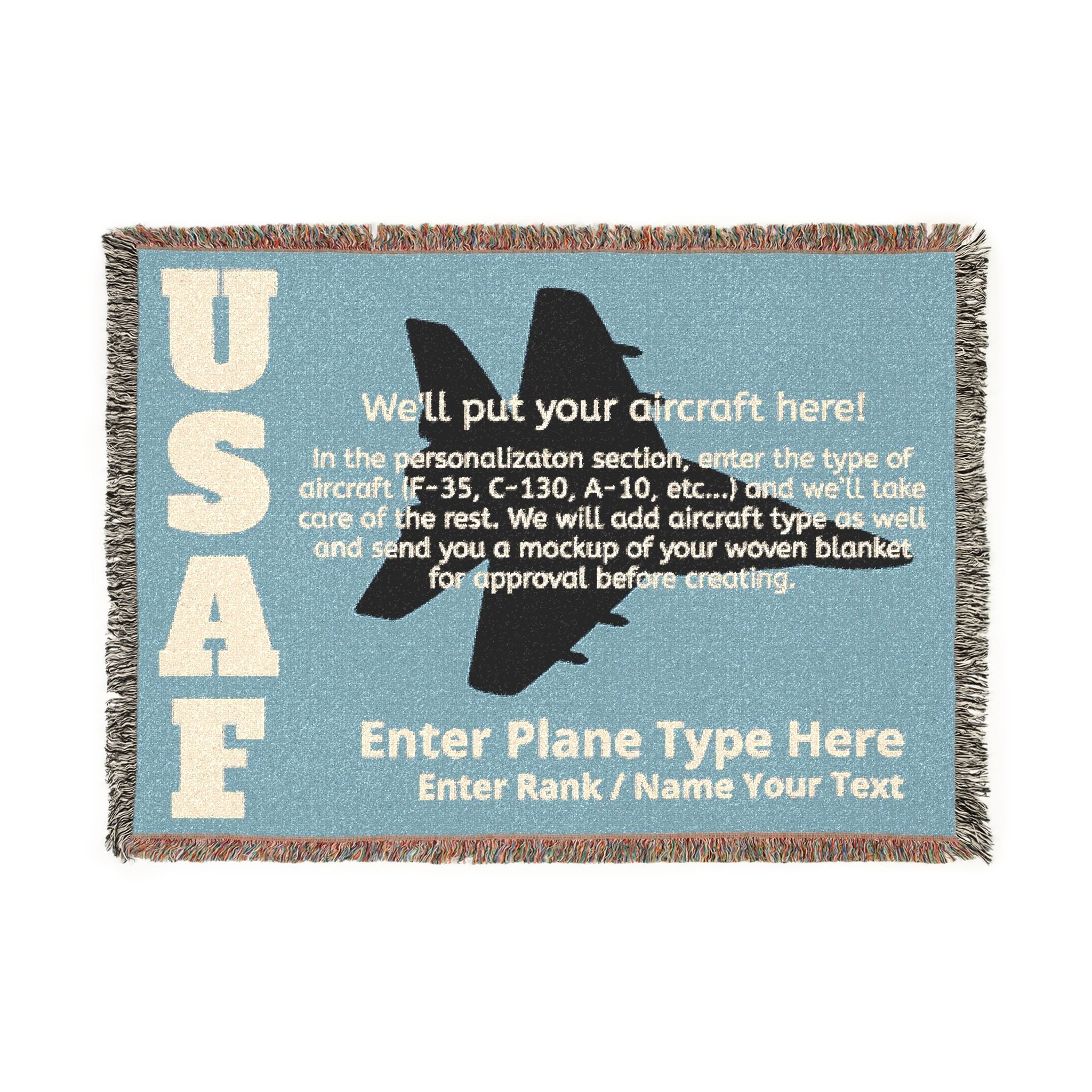 Custom U.S. Air Force Aircraft Woven Blanket – Personalized USAF Aviation Blanket – Military Gift for Airmen & Veterans