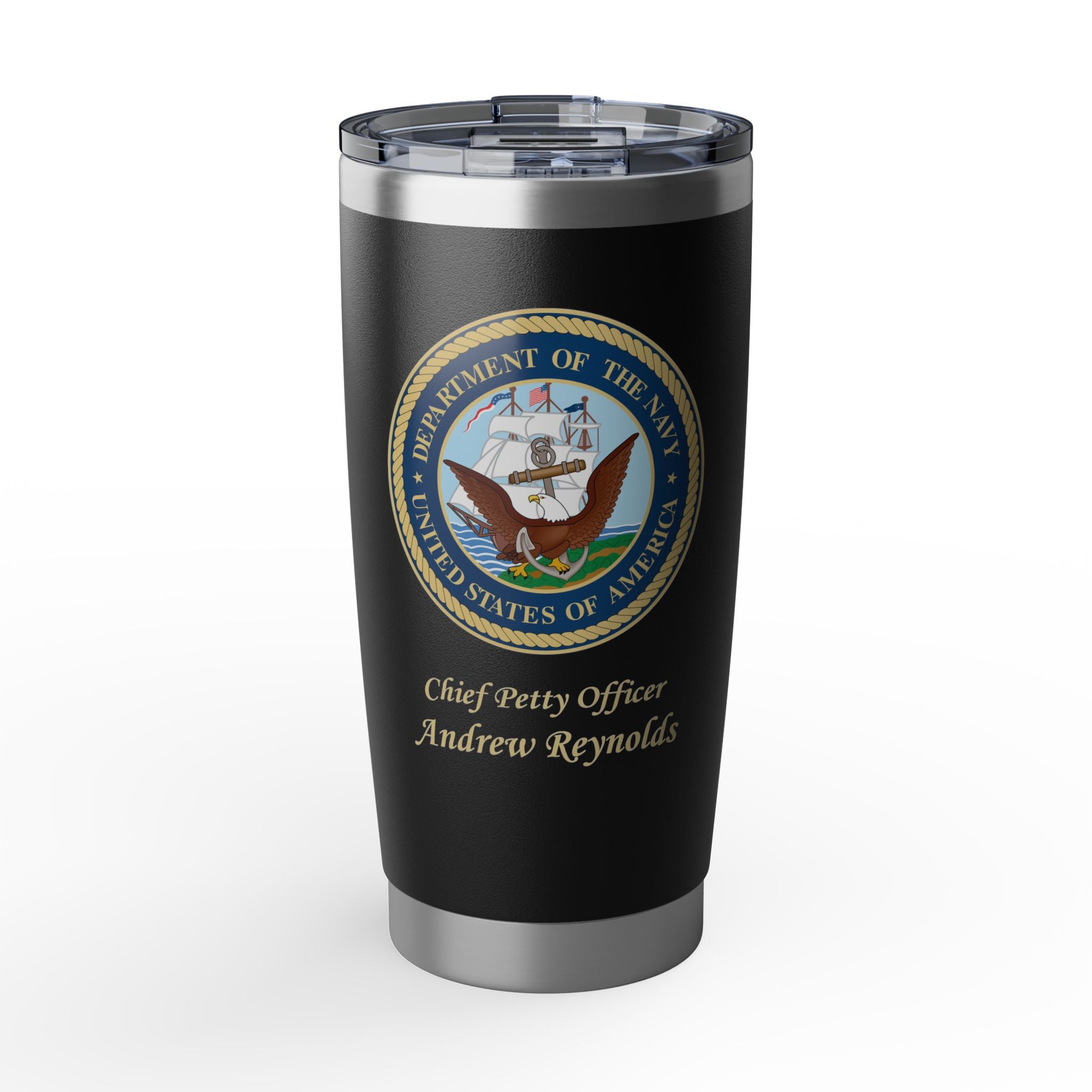 Custom U.S. Navy 20oz Tumbler – Personalized Military Drinkware with Rank, Name or Message (Black, Silver, White)