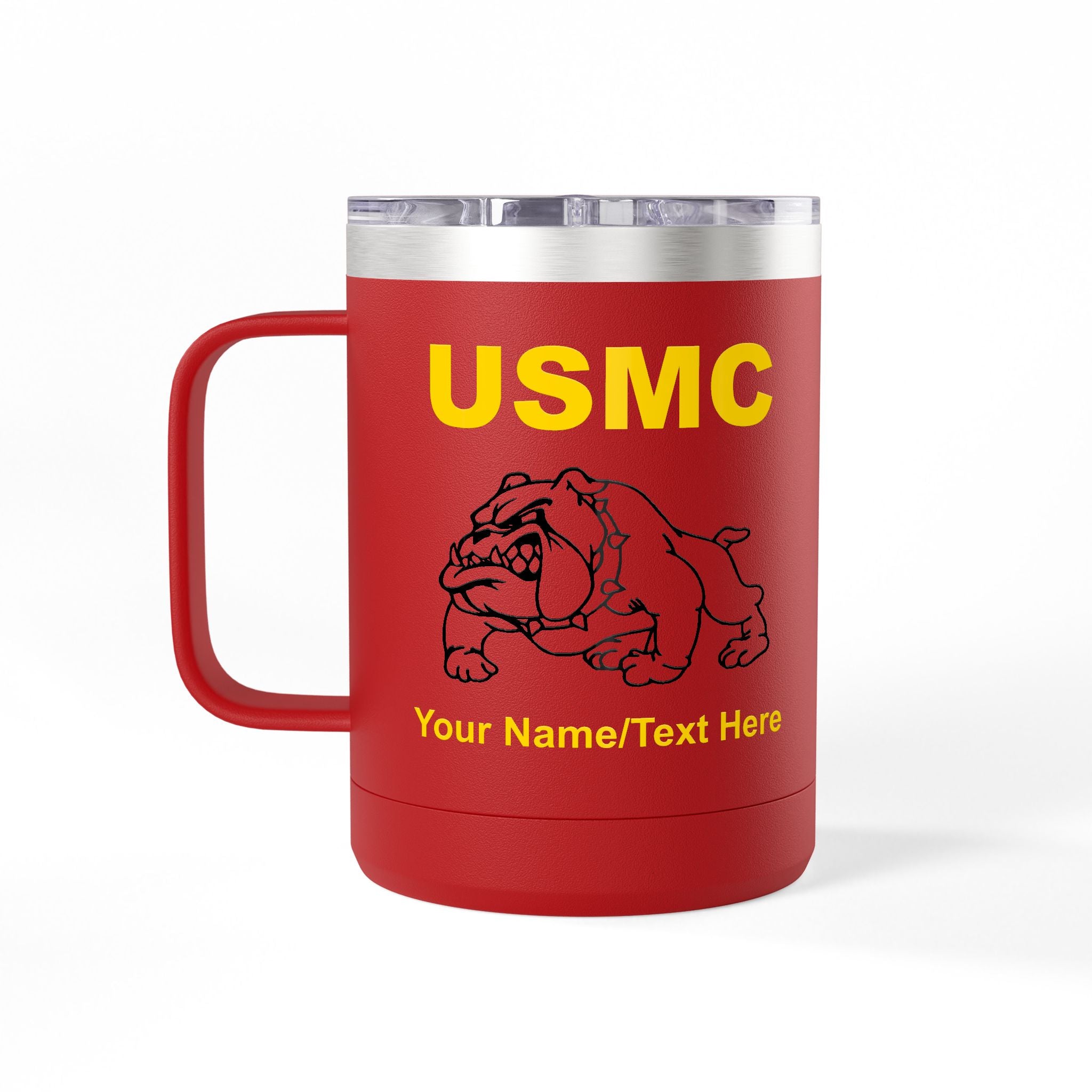 Personalized U.S. Marine Corps Bulldog 15oz Travel Mug Tumbler – Custom USMC Coffee Mug with Name, Rank or Message – Military Gift for Marines & Veterans