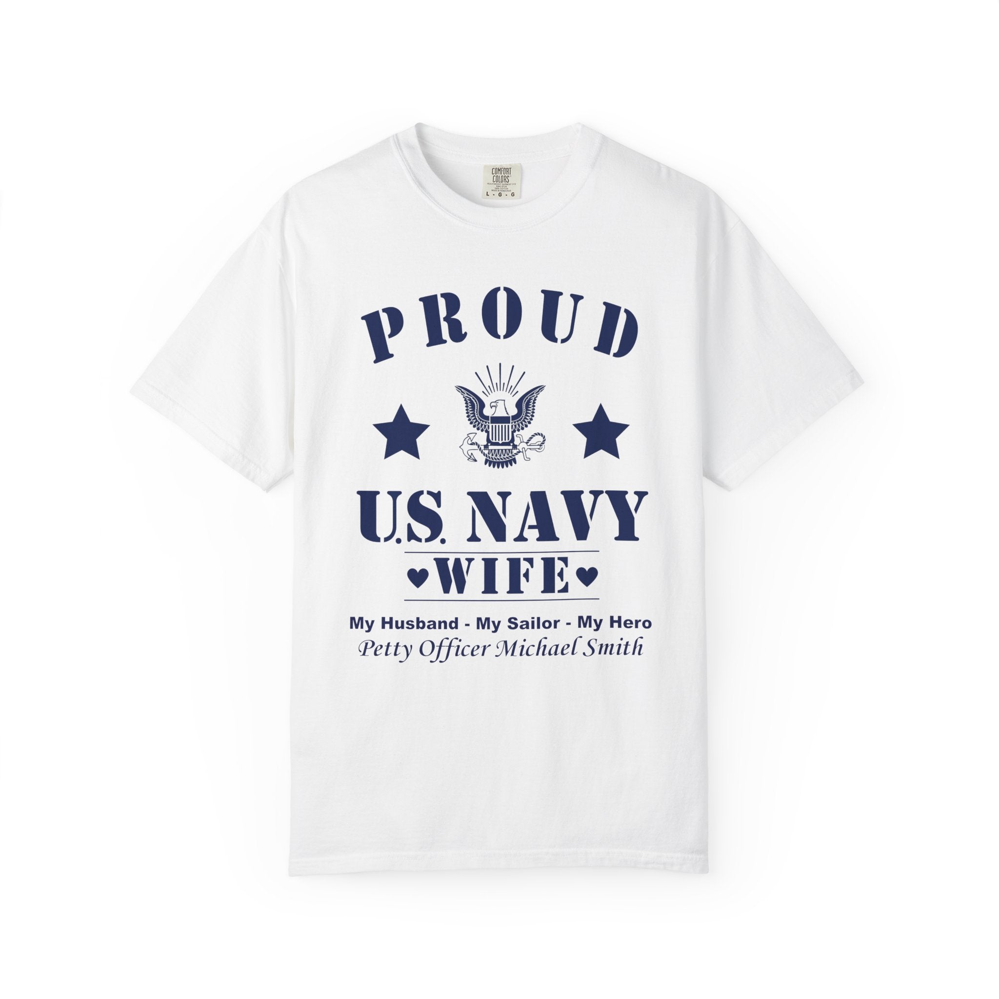 Custom Proud Navy Wife Comfort Colors T-Shirt – Personalized U.S. Navy Spouse Shirt with Name, Rank & Ship