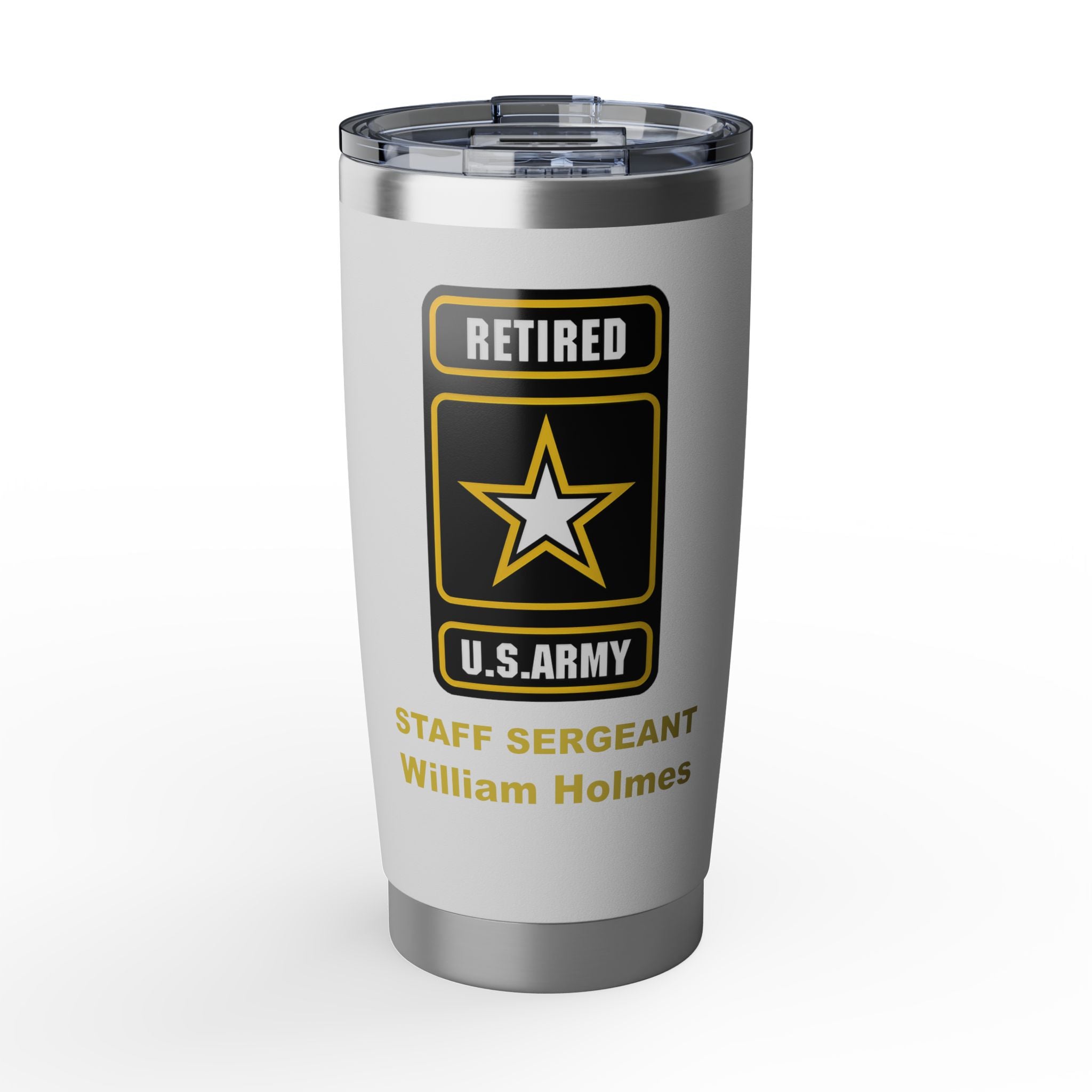 Custom U.S. Army Retired 20oz Tumbler – Personalized Military Retirement Travel Mug with Rank, Name or Message