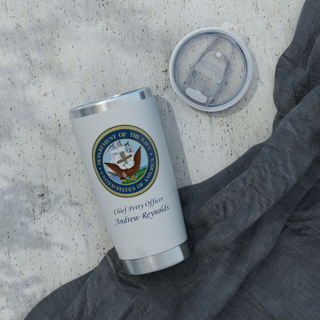Custom U.S. Navy 20oz Tumbler – Personalized Military Drinkware with Rank, Name or Message (Black, Silver, White)